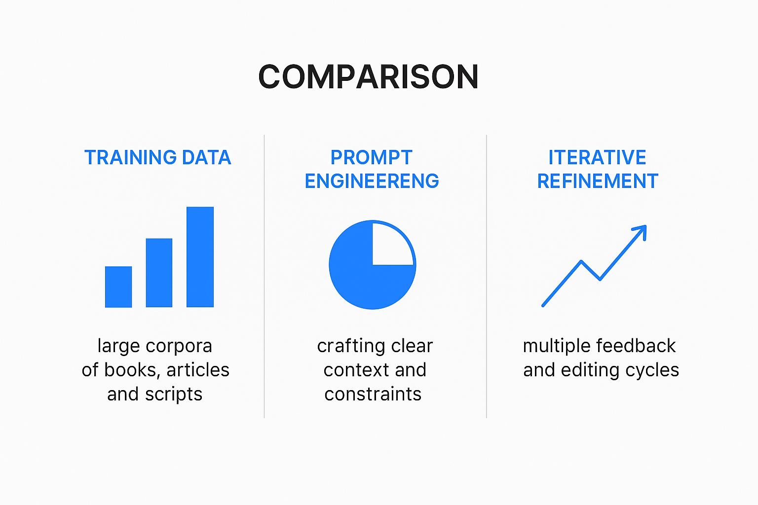 Infographic comparing the three core stages of AI story creation Training Data, Prompt Engineering, and Iterative Refinement.