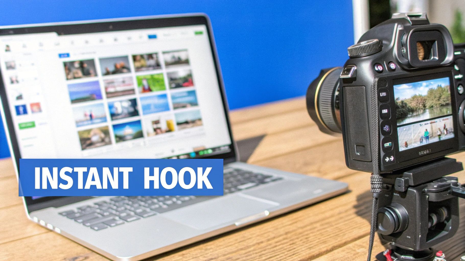 Professional camera on tripod next to laptop displaying photo gallery for video content creation