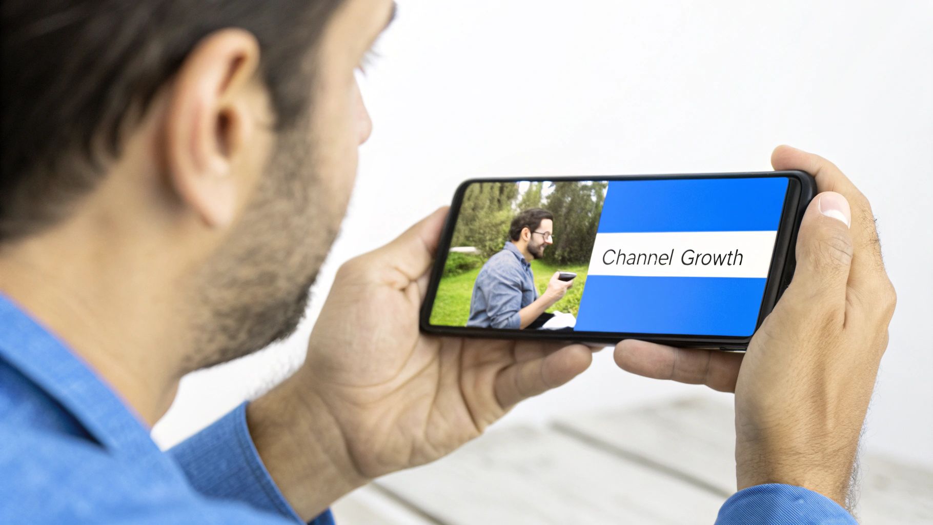 A person editing a video on a smartphone, with social media icons floating around them.