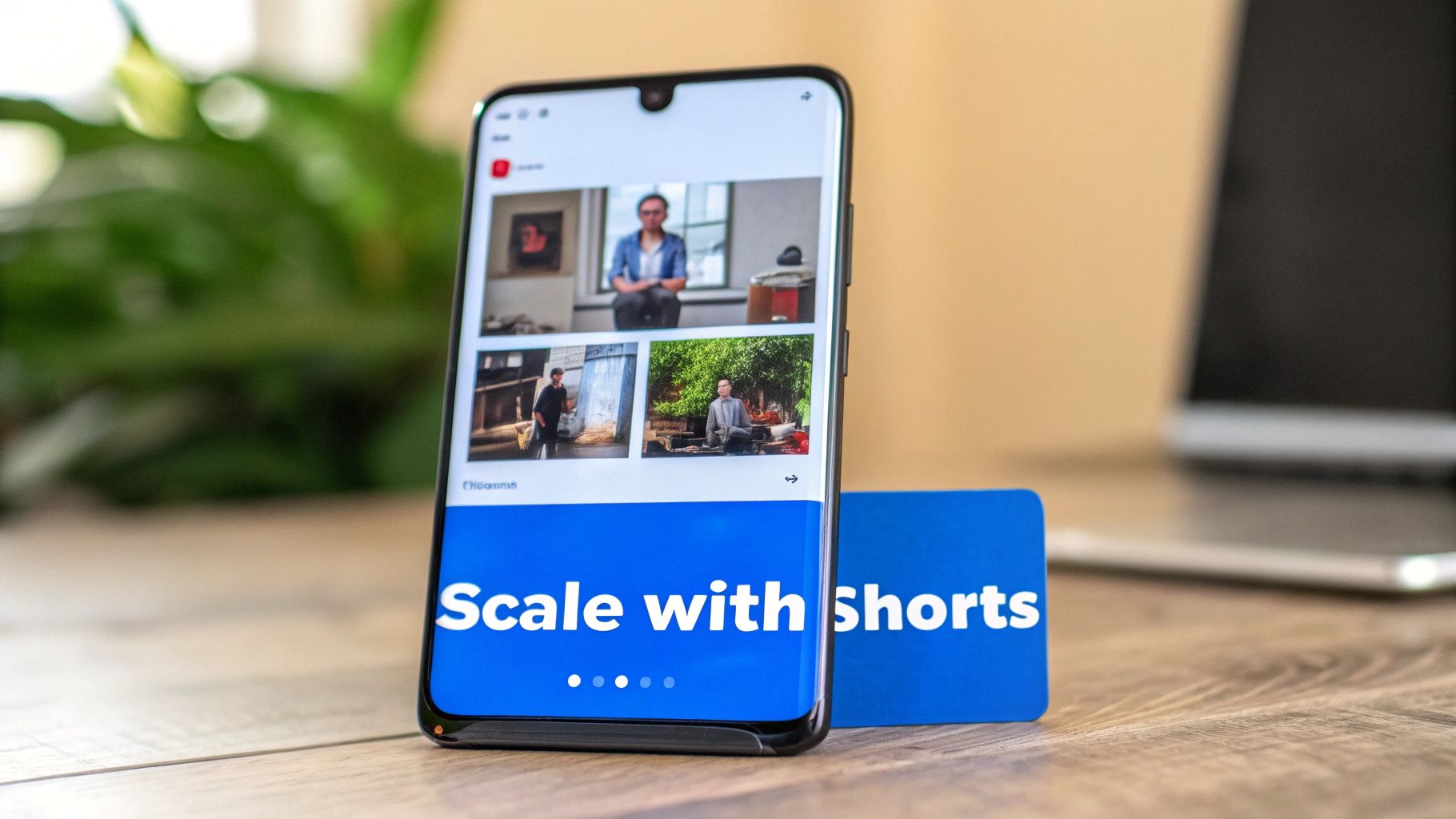 A smartphone screen shows image thumbnails and a blue banner with 'Scale with Shorts' text.