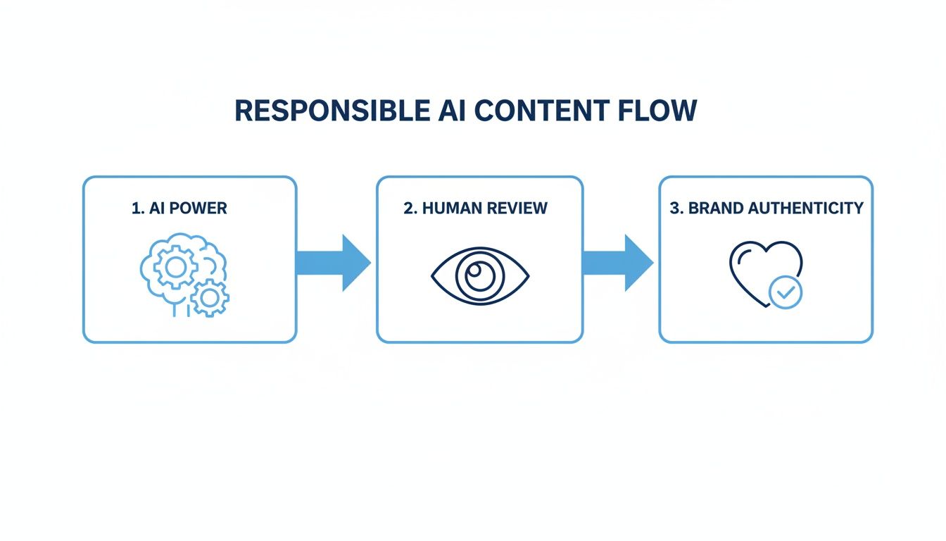 A flowchart illustrating a responsible AI content workflow from AI generation to human review and brand authenticity.