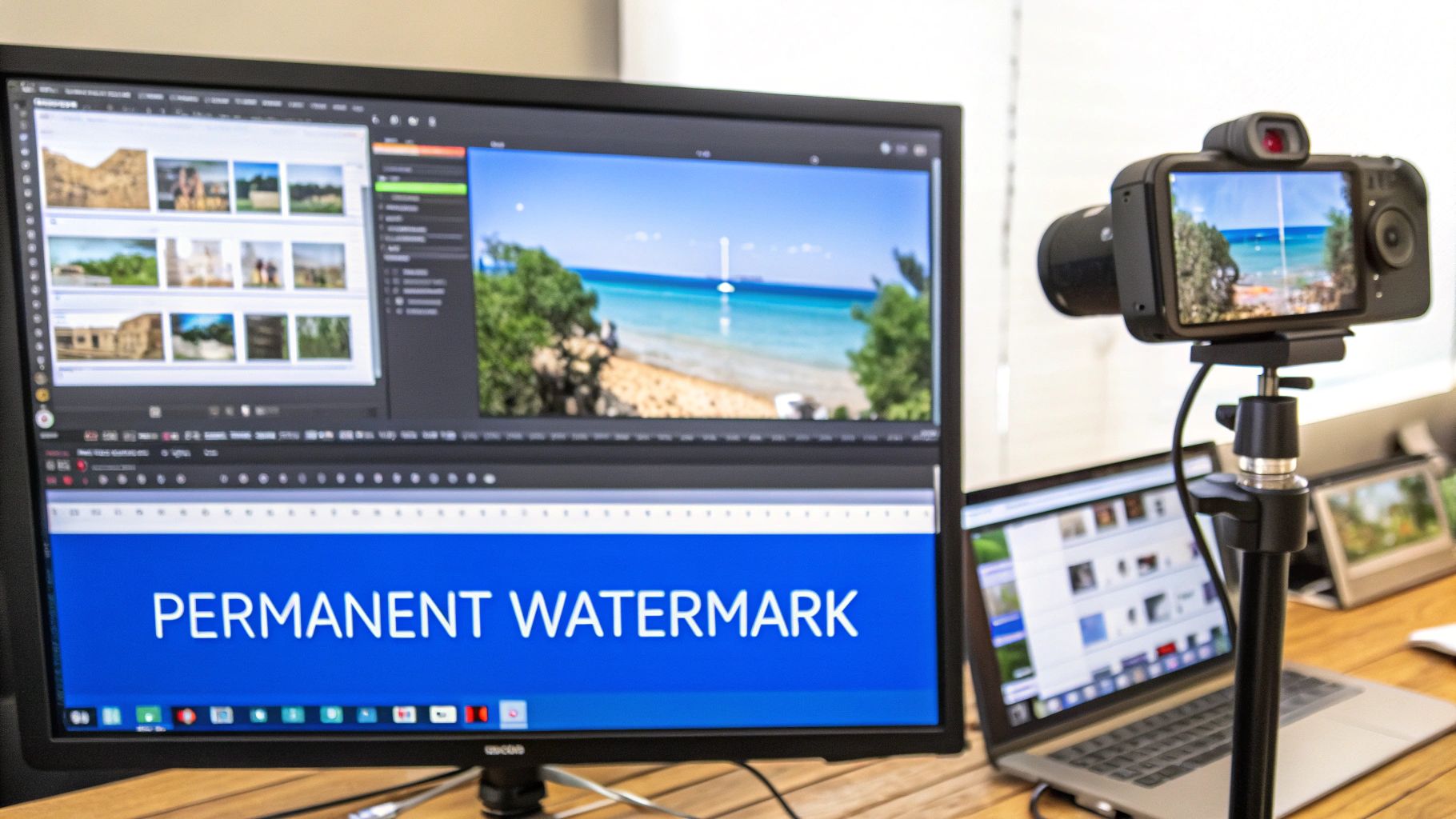 A monitor displaying video editing software with a 'PERMANENT WATERMARK' banner, and a camera recording.