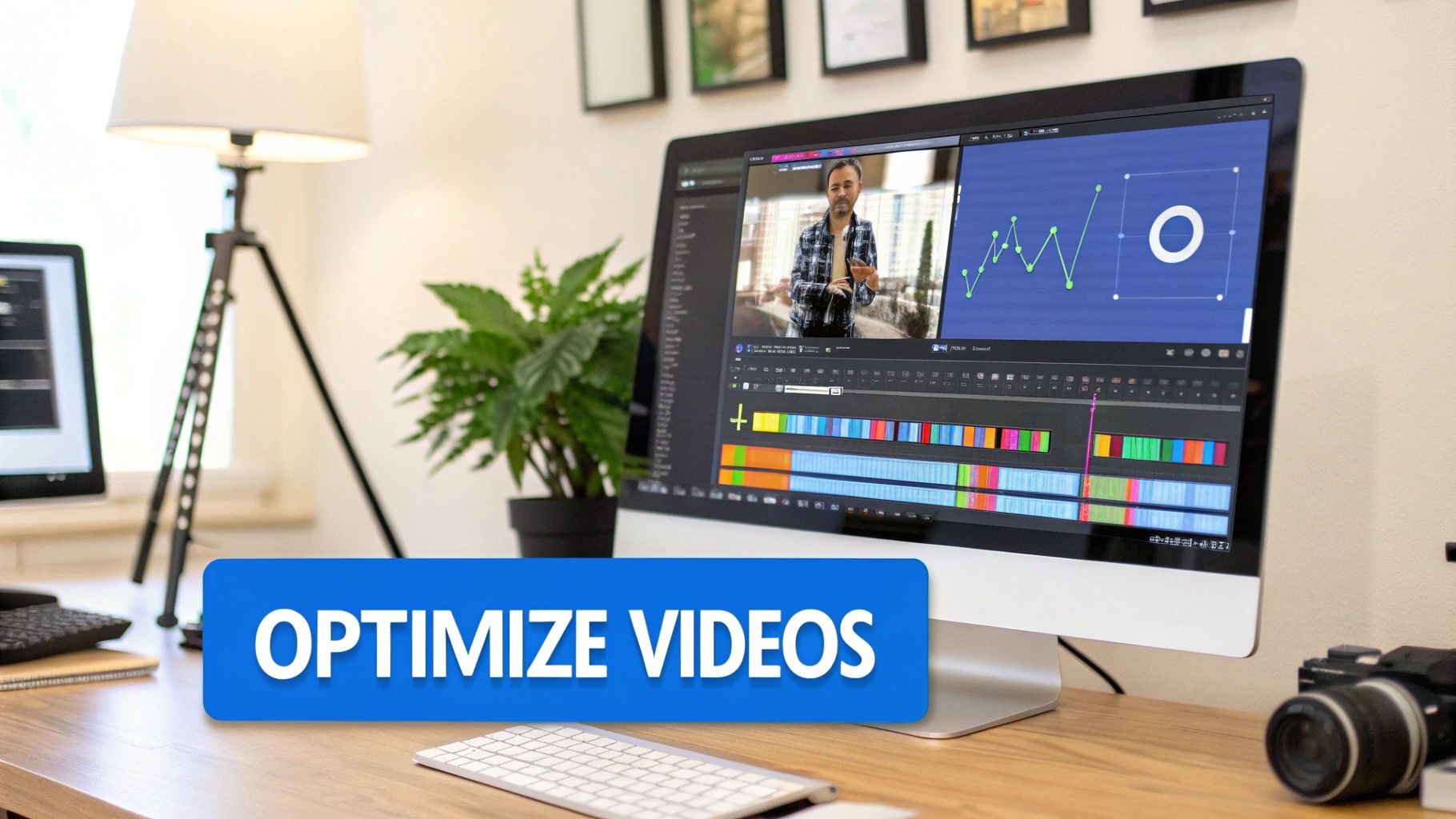 A magnifying glass hovering over a YouTube video thumbnail, symbolizing analysis and optimization