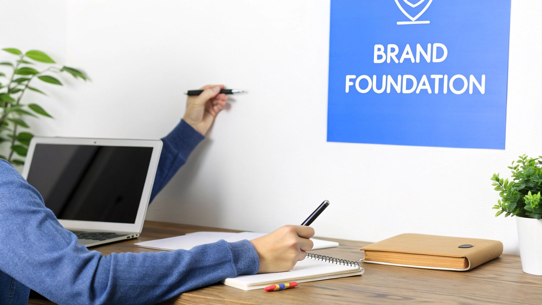 Professional writing notes during brand foundation strategy meeting with laptop and presentation screen