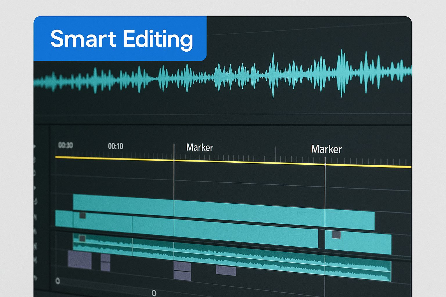 An editor’s desktop showing a video timeline with helpful markers and the text 'Smart Editing' in the corner.