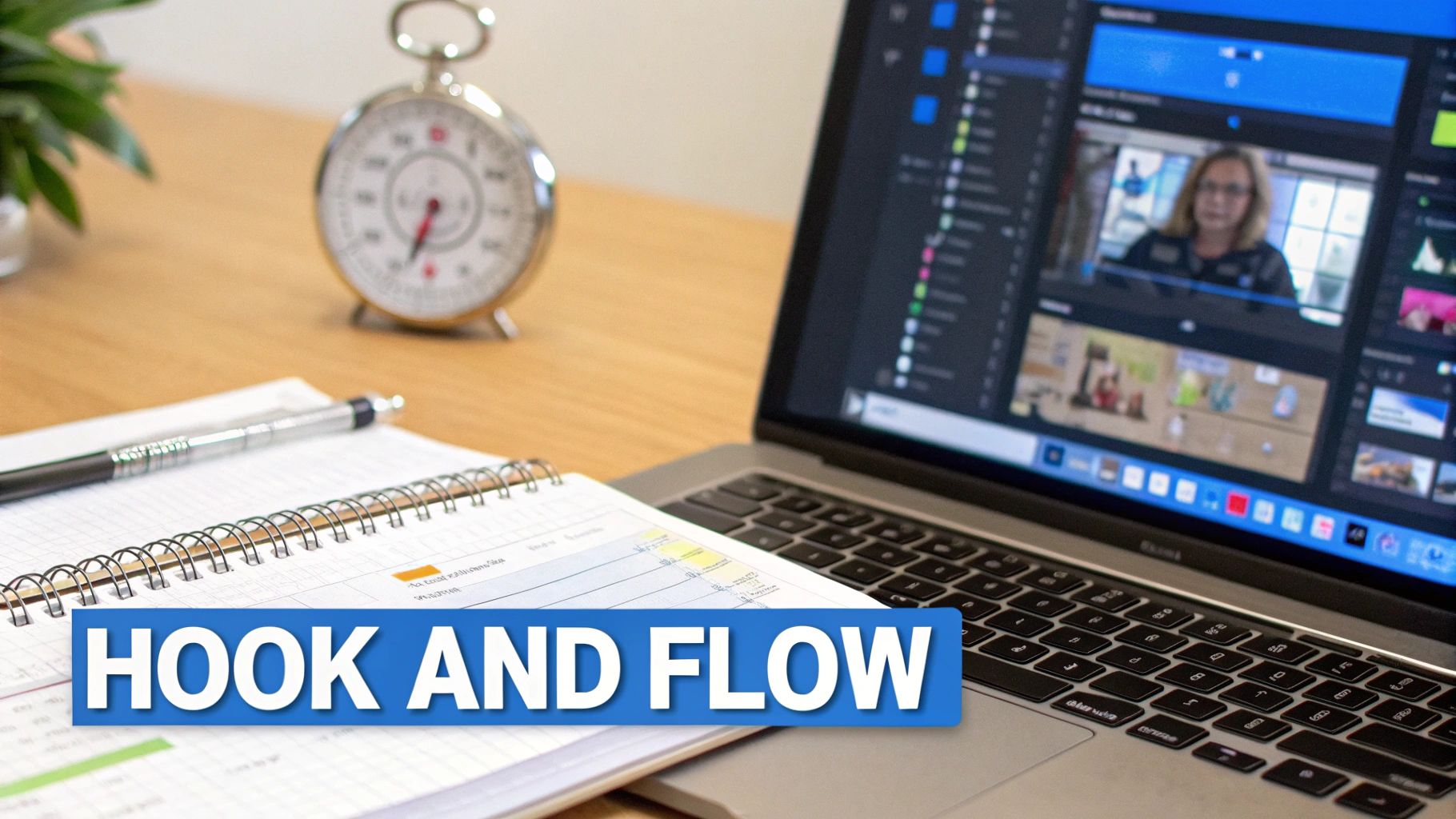 A laptop on a wooden desk displaying video editing software, with a notebook, pen, and stopwatch, featuring "HOOK AND FLOW" text.