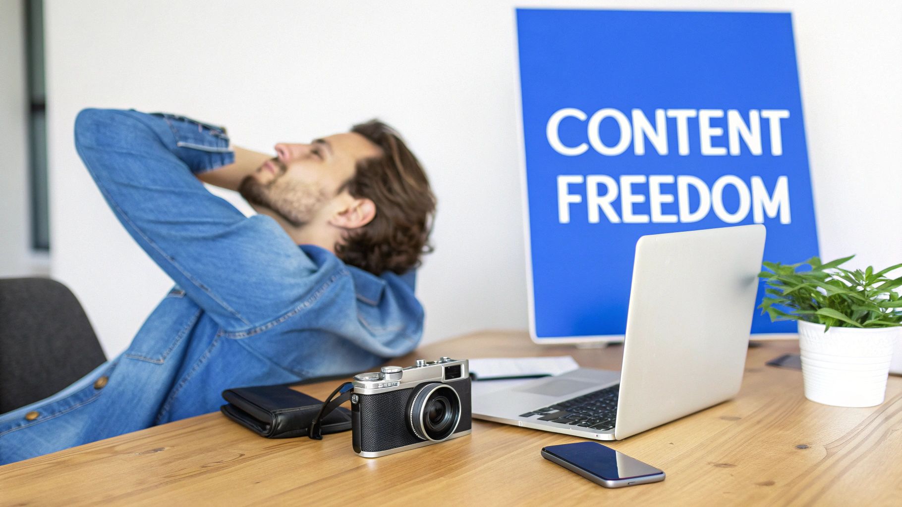 A man relaxing at a desk with a camera, laptop, and 'Content Freedom' sign.