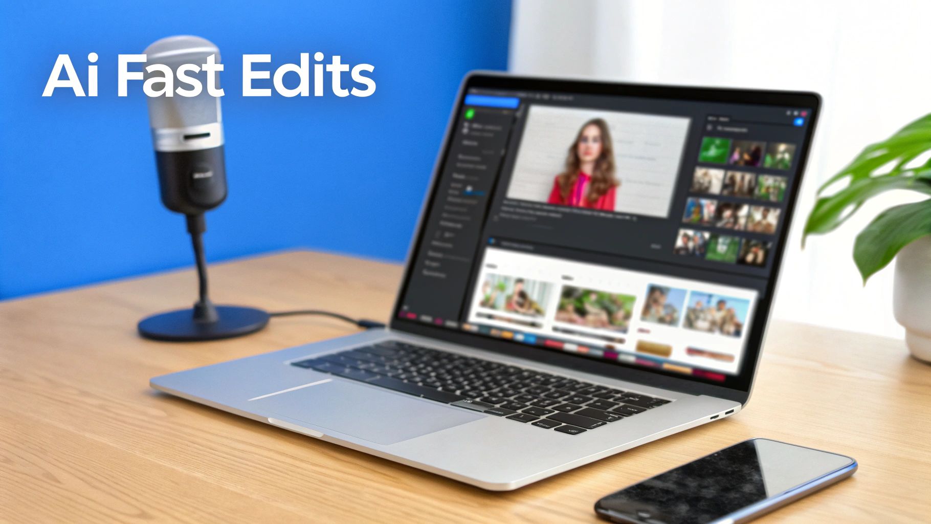 A laptop on a wooden desk displaying video editing software with 'Ai Fast Edits' overlay.