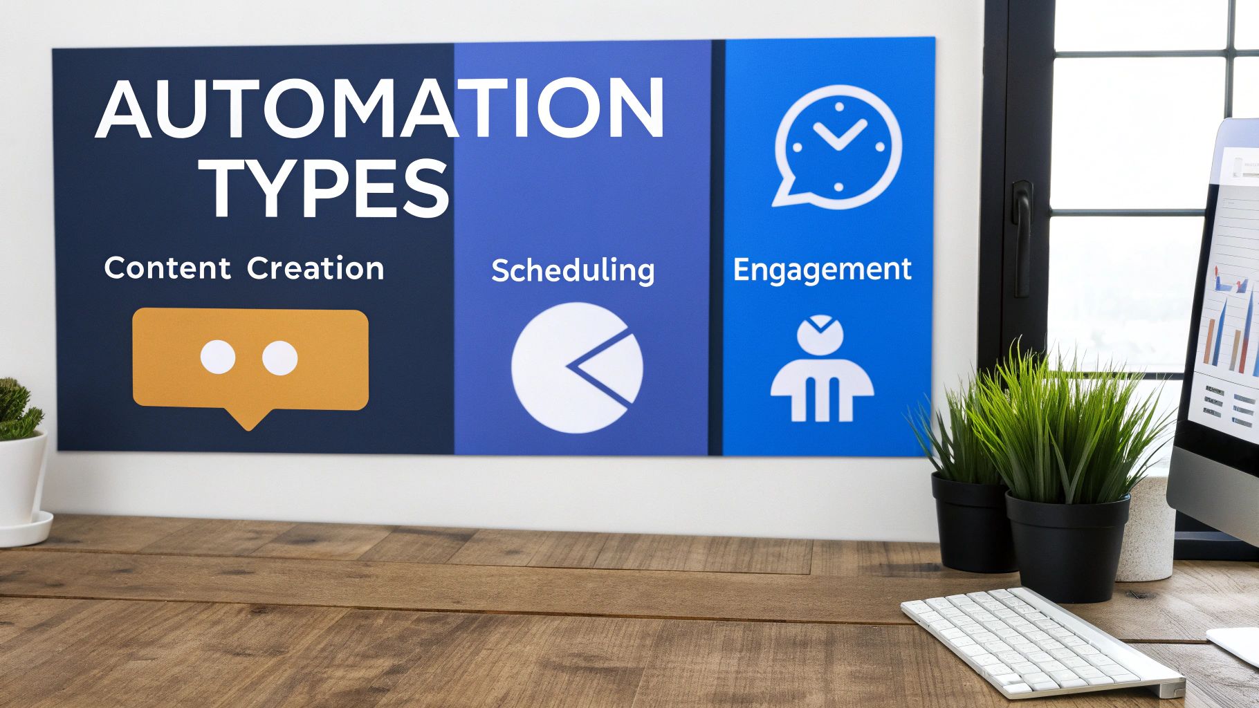 Office display showing three automation types: content creation, scheduling, and engagement with colorful icons