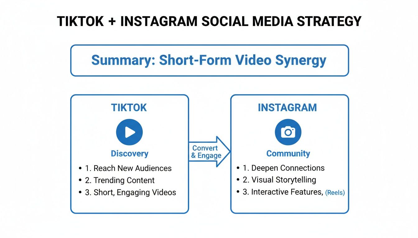 Diagram illustrating a social media strategy for TikTok and Instagram focusing on short-form video synergy.