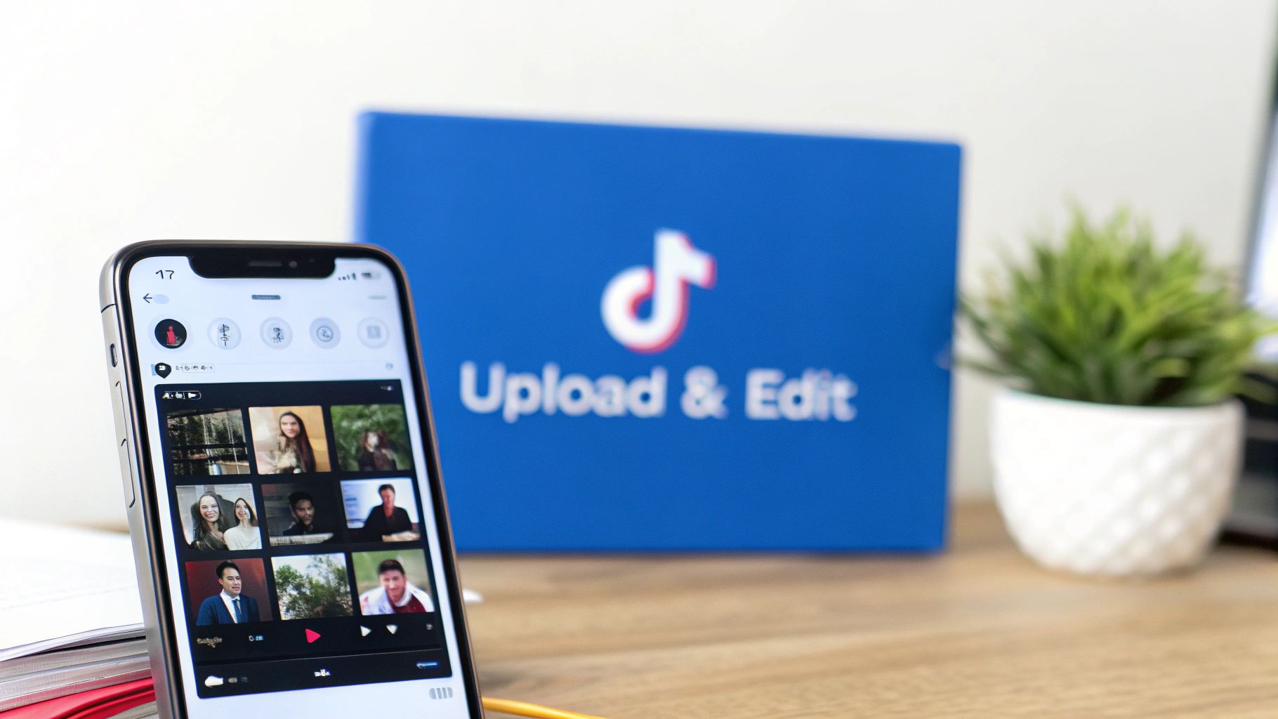 An iPhone shows the TikTok video upload and edit interface next to a TikTok 'Upload & Edit' sign.