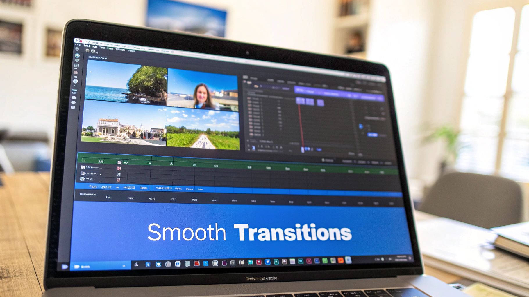 A person editing a video on a smartphone with a laptop in the background, showing a dynamic interface.