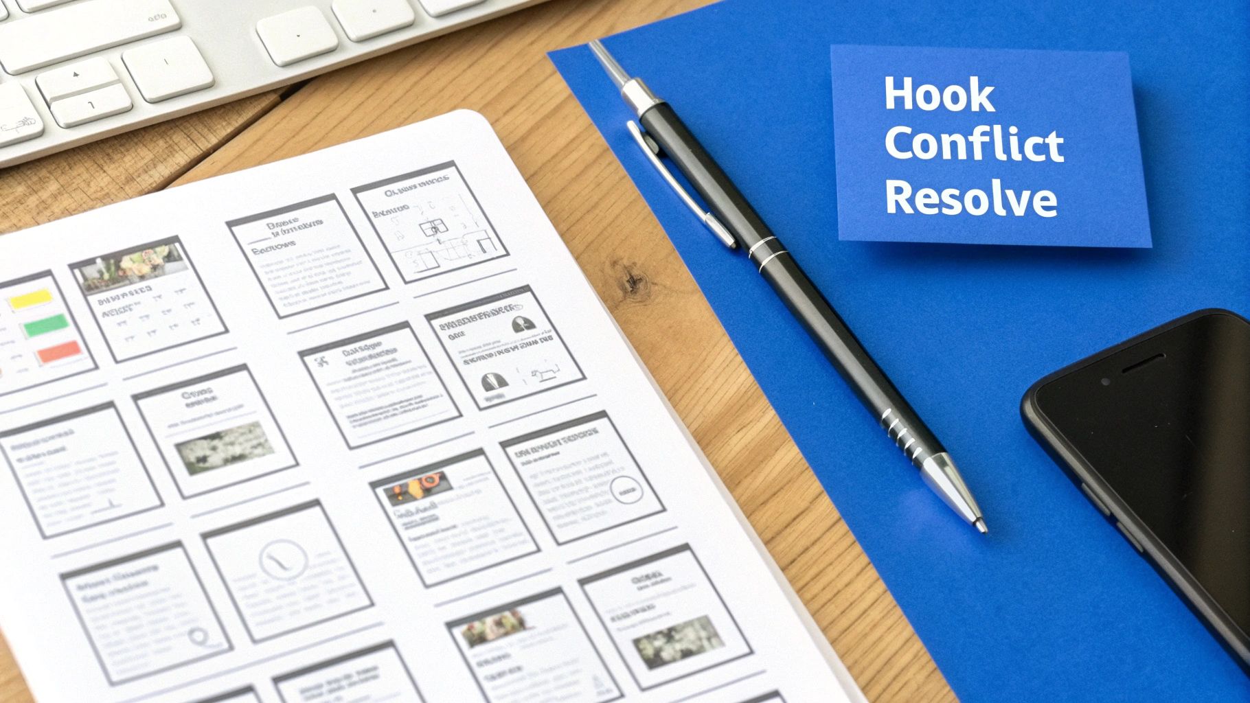 A flat lay of a creative workspace with a storyboard, keyboard, pen, smartphone, and a 'Hook Conflict Resolve' note.