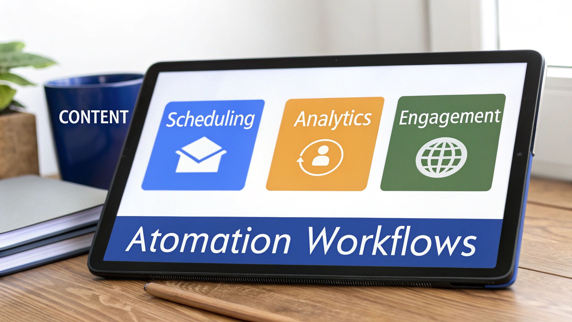 Tablet displaying automation workflows interface with scheduling, analytics, and engagement features for social media management
