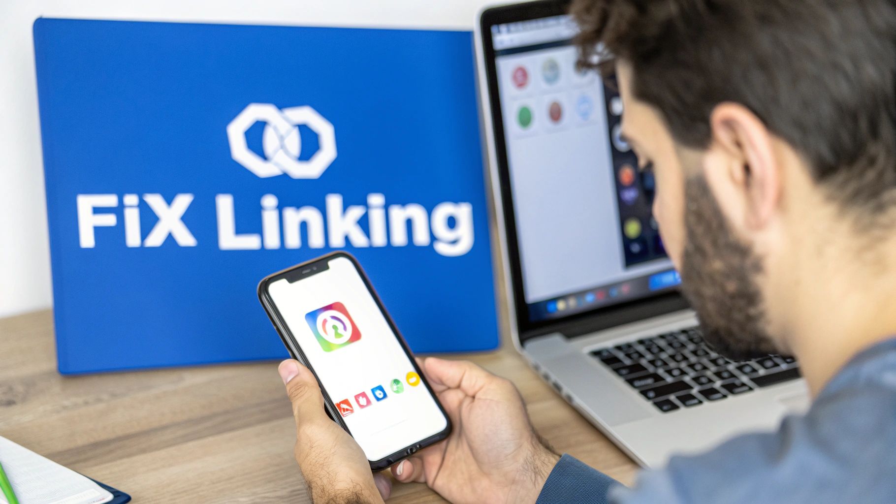 A man holds a smartphone displaying an app with a colorful keyhole logo, next to a laptop and a FiX Linking banner.