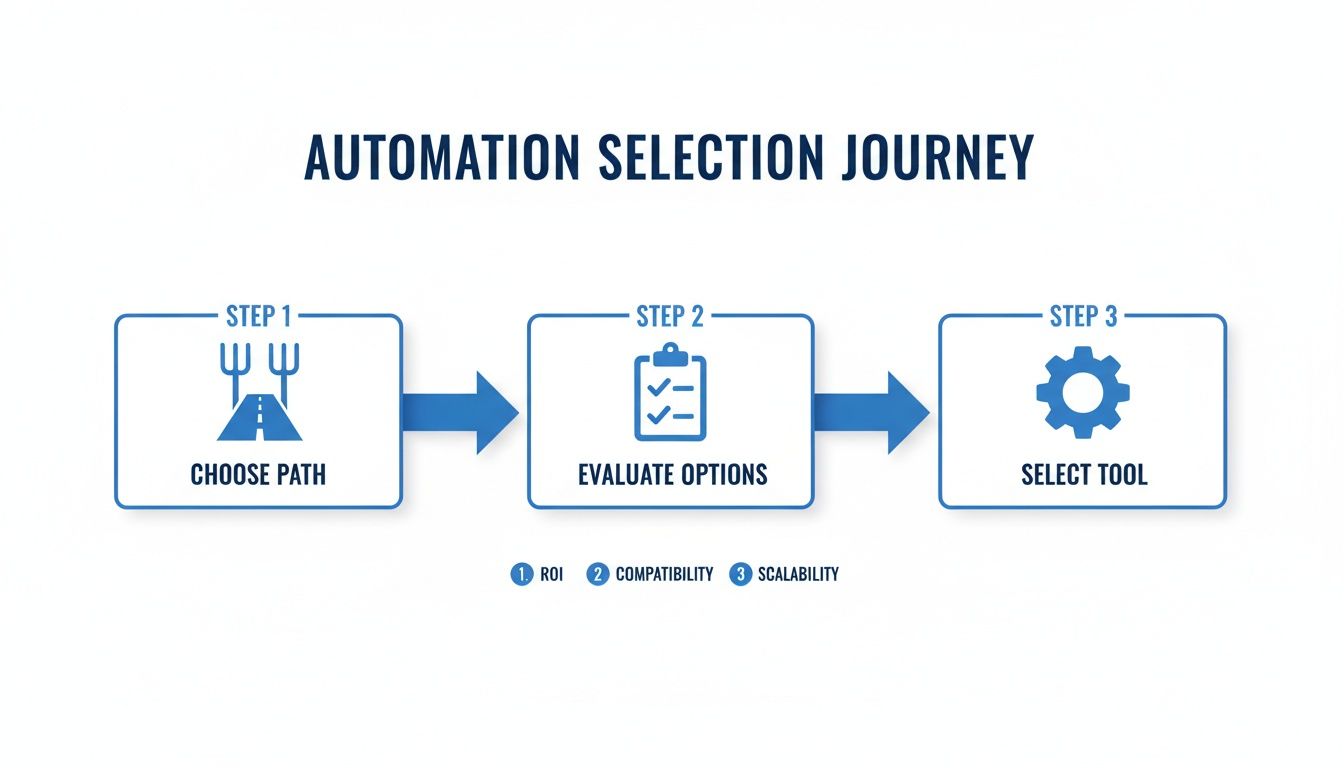 Diagram illustrating the three-step automation selection journey: choose path, evaluate options, select tool.