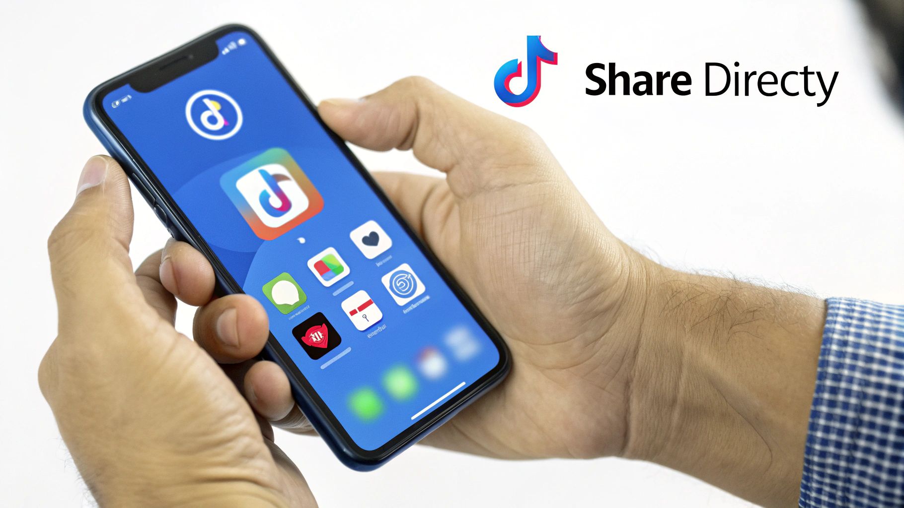 A person holds an iPhone displaying a TikTok-like app icon, with the TikTok logo and 'Share Directy' text.