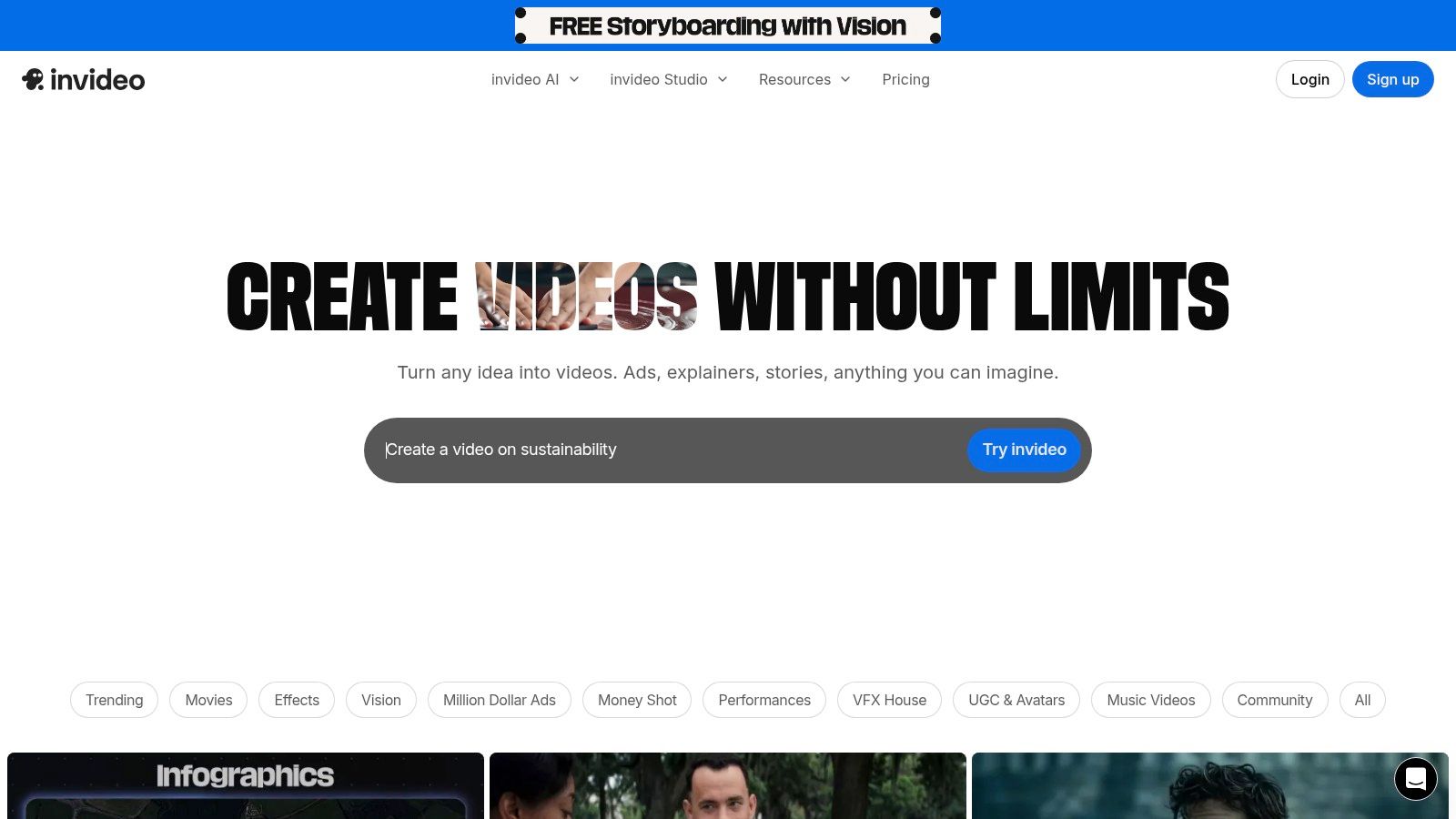 InVideo AI's interface showing a script-to-video workflow with stock footage and subtitles.