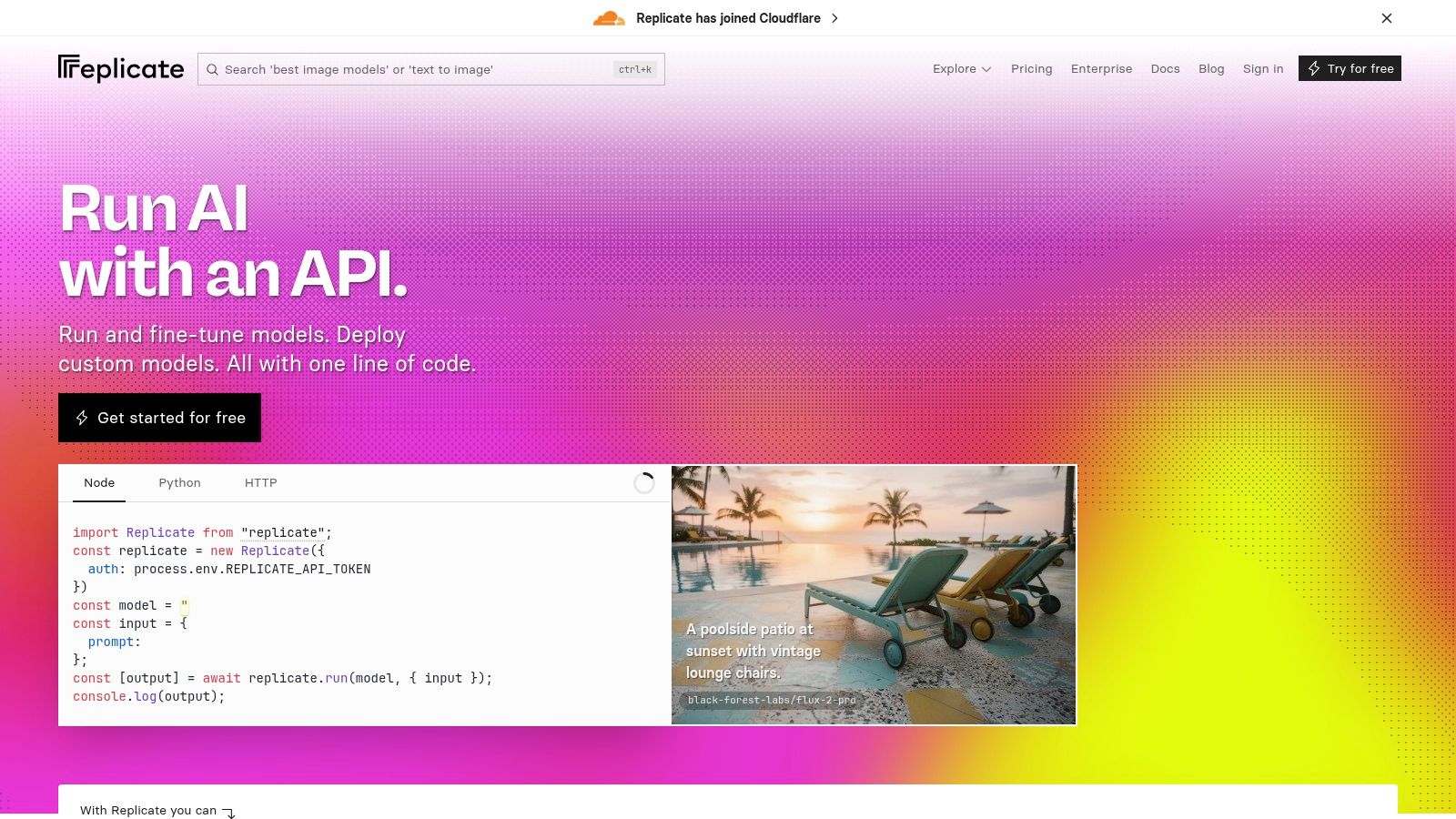 Replicate's user interface showcasing a model's input and output fields, highlighting its developer-centric design.