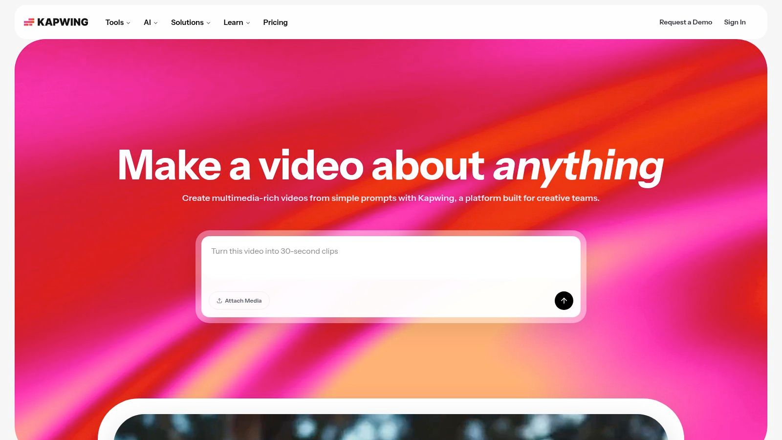 Kapwing’s user-friendly interface showing its comprehensive video editing and AI tool suite.