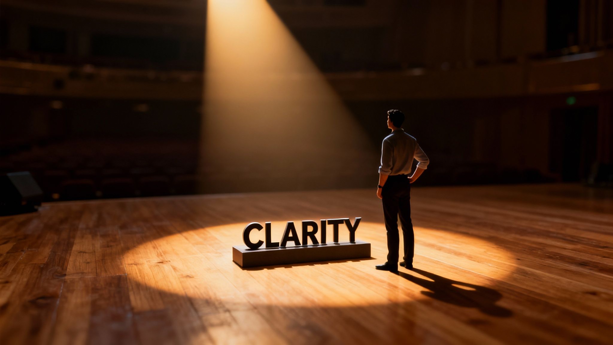 A man stands on a dimly lit stage, looking at the word CLARITY under a spotlight.