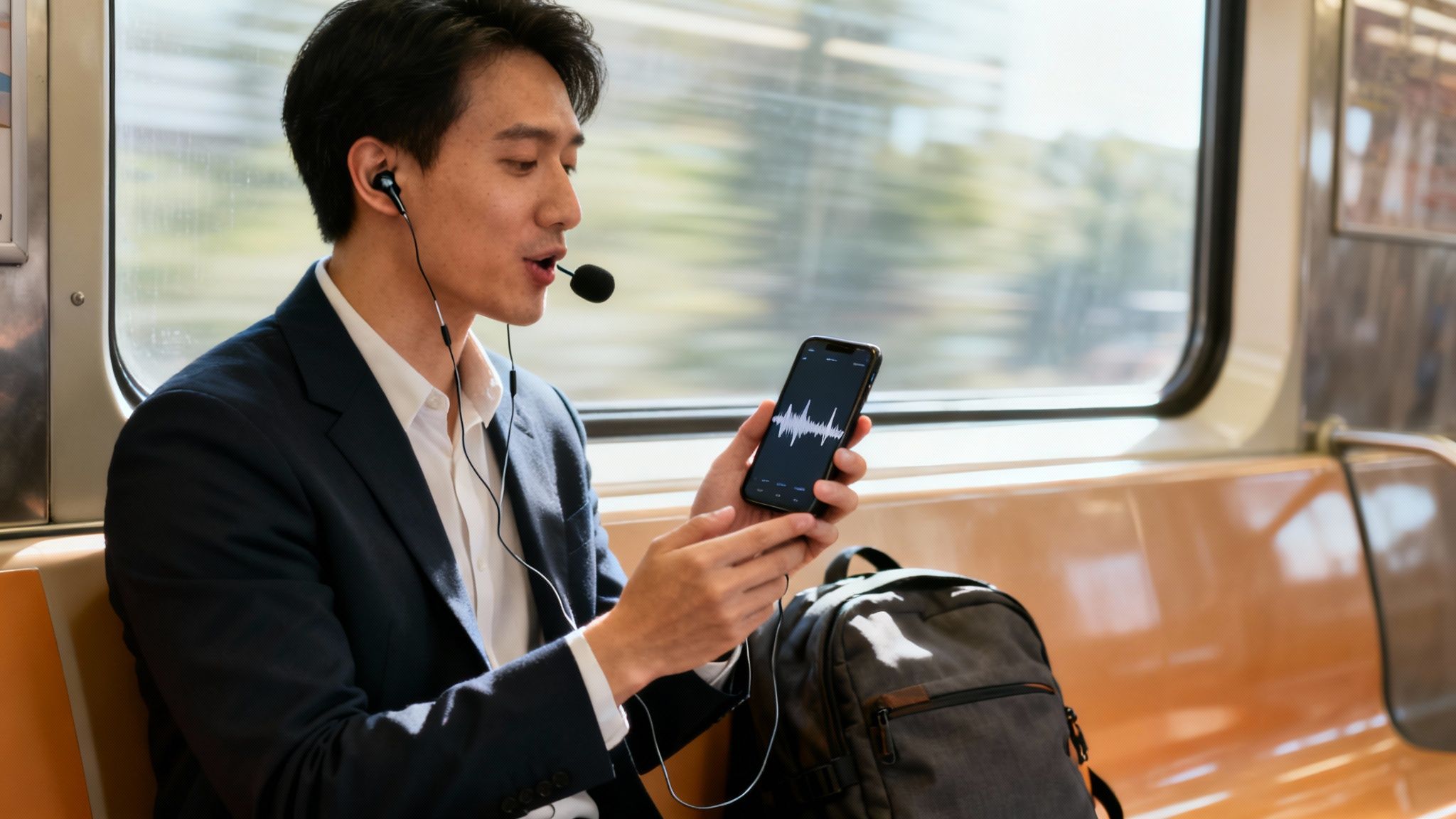 A businessman records audio on his phone with a headset while commuting on a train.
