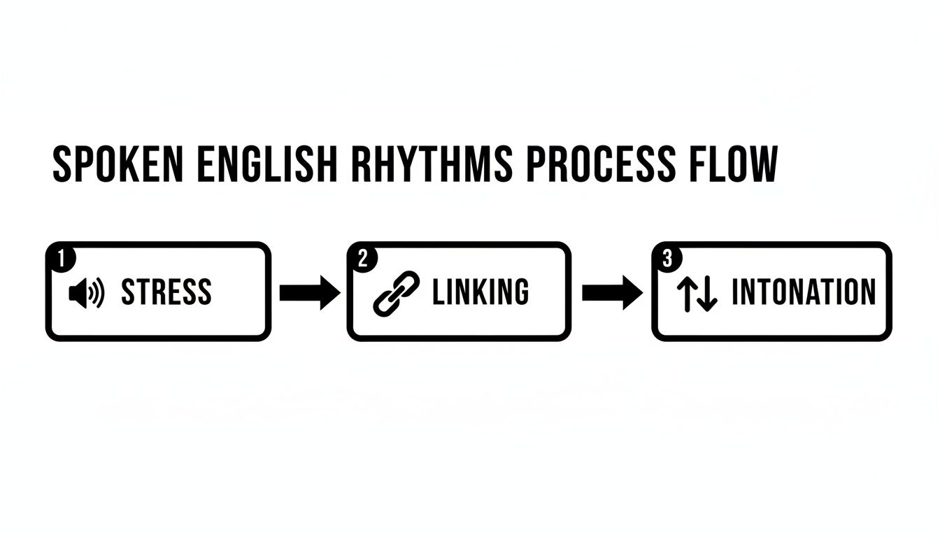 A diagram detailing Spoken English Rhythms process with steps: Stress, Linking, Intonation.