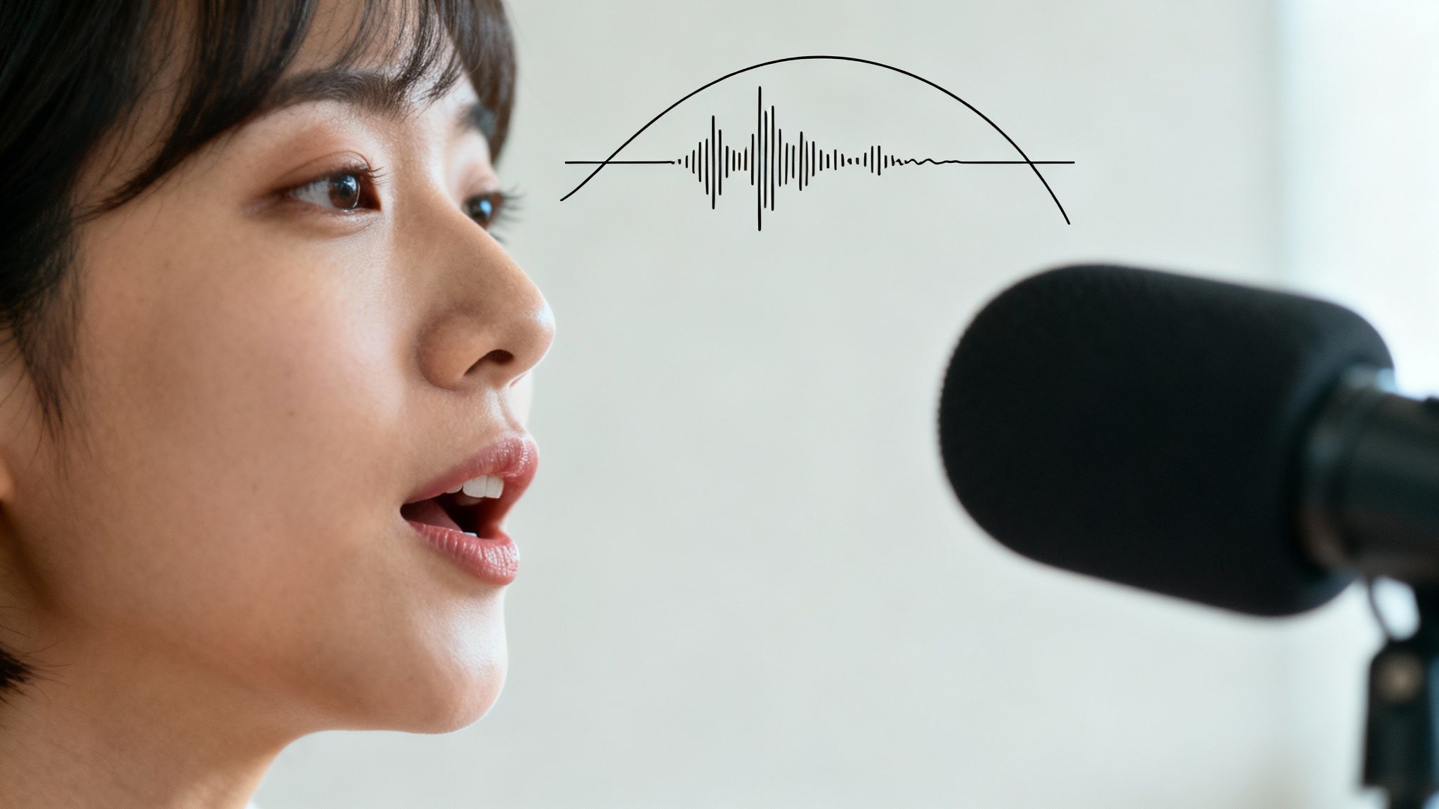 A young woman speaks into a microphone, with a sound wave graphic illustrating her voice.