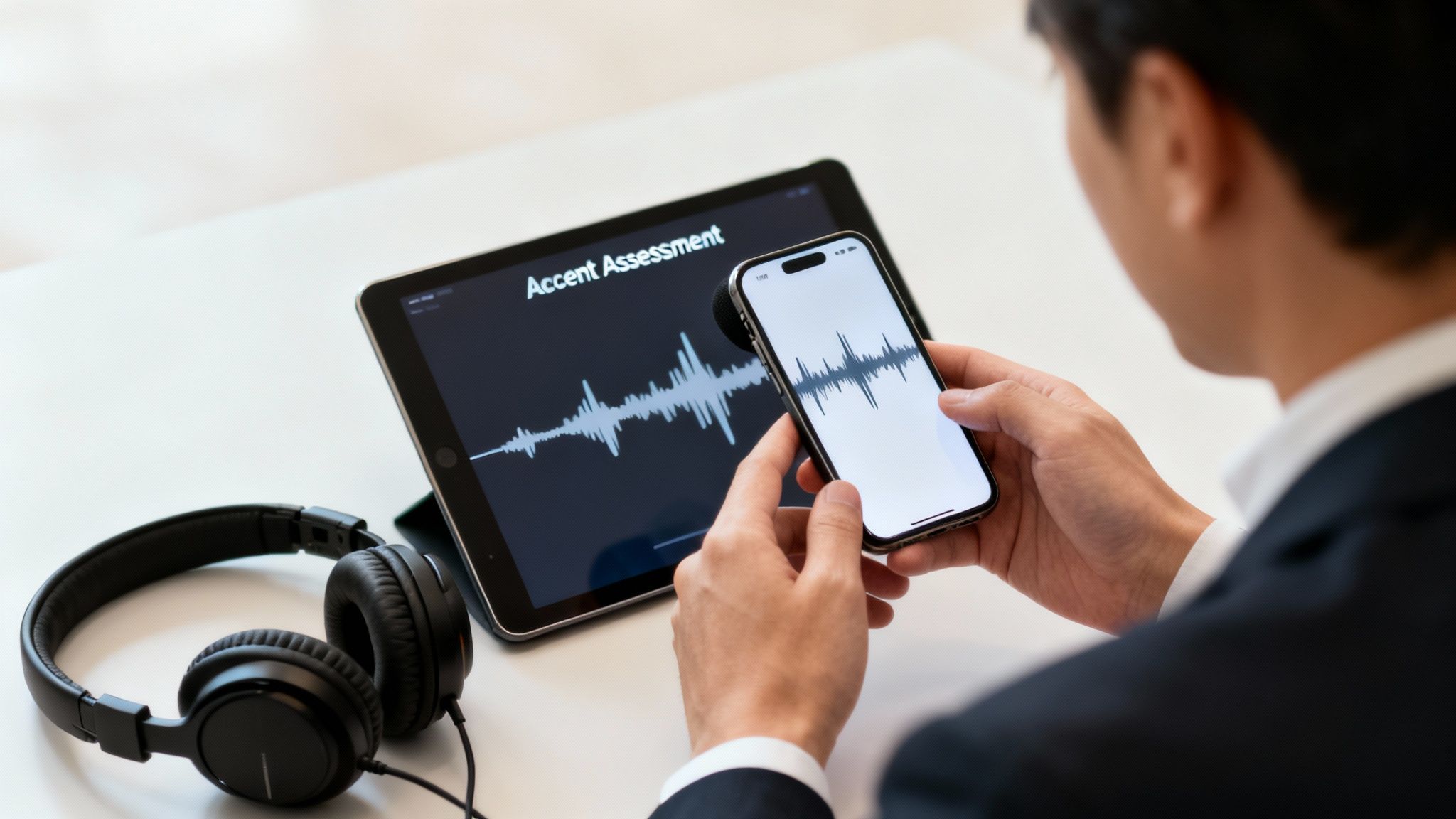 A person uses a tablet and smartphone displaying audio waveforms for an accent assessment, with headphones on a white desk.