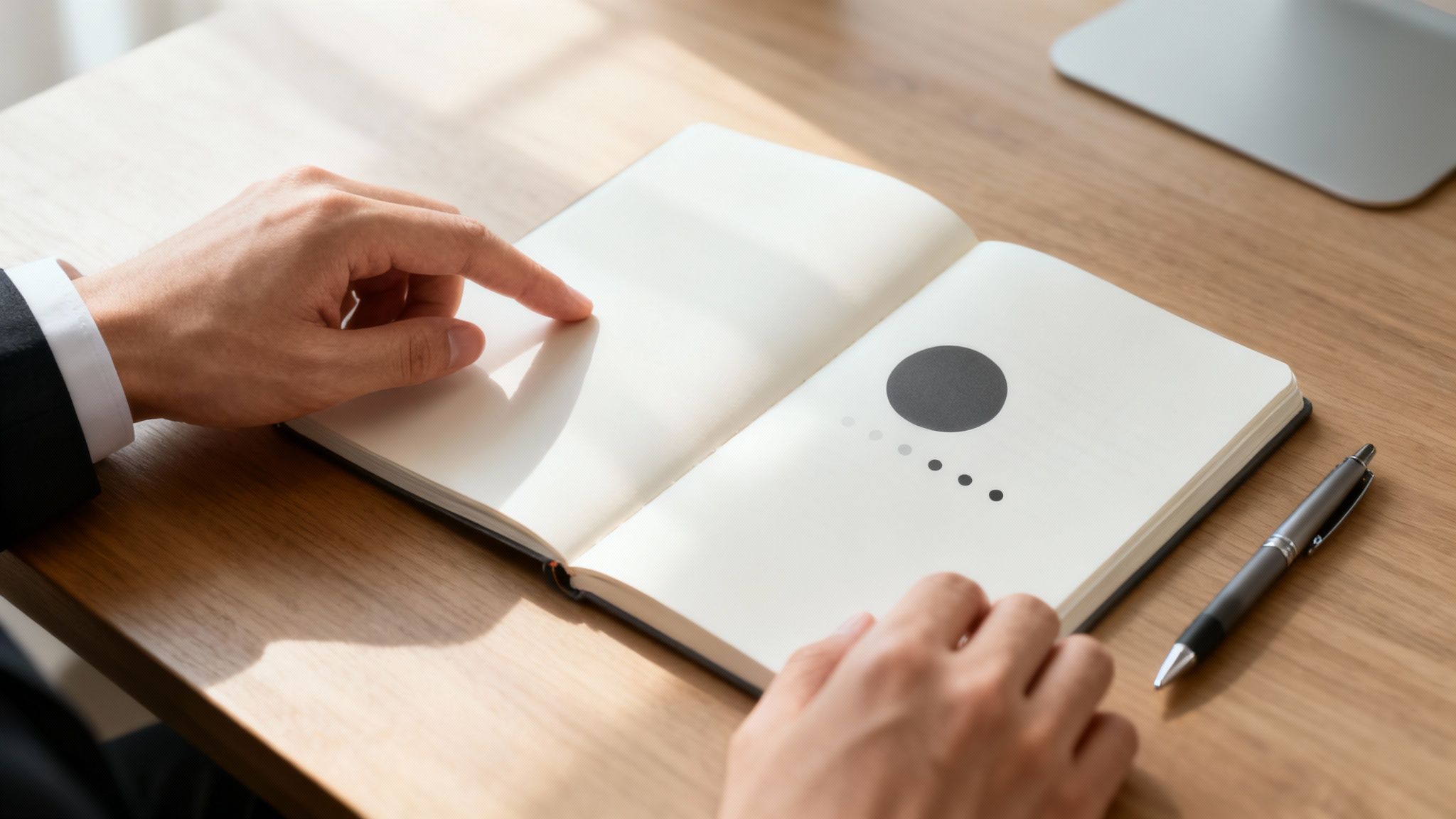 Close-up of a person's hands on an open notebook on a wooden desk with a pen.