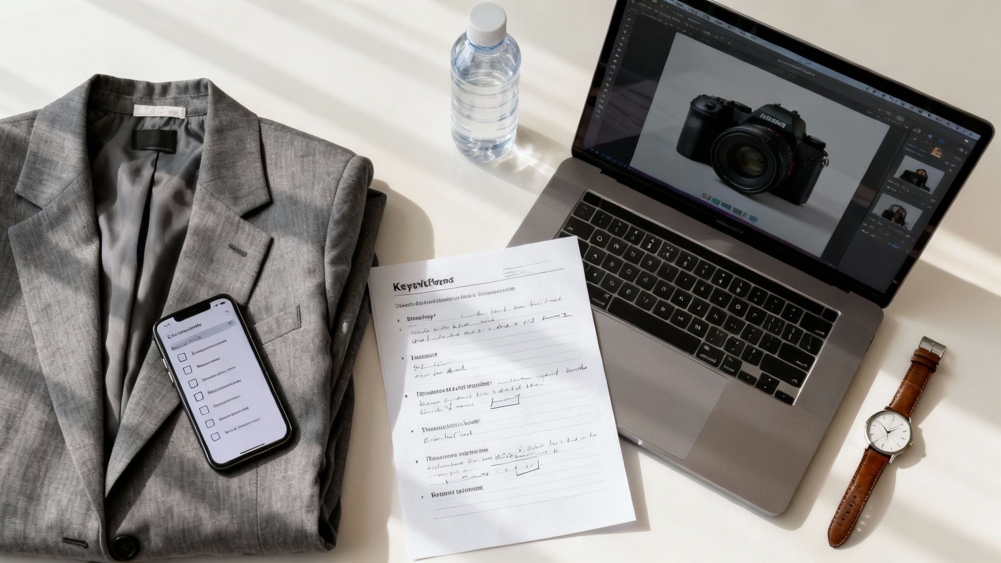 Overhead shot of a job interview preparation flat lay with a suit, laptop, smartphone, and documents.