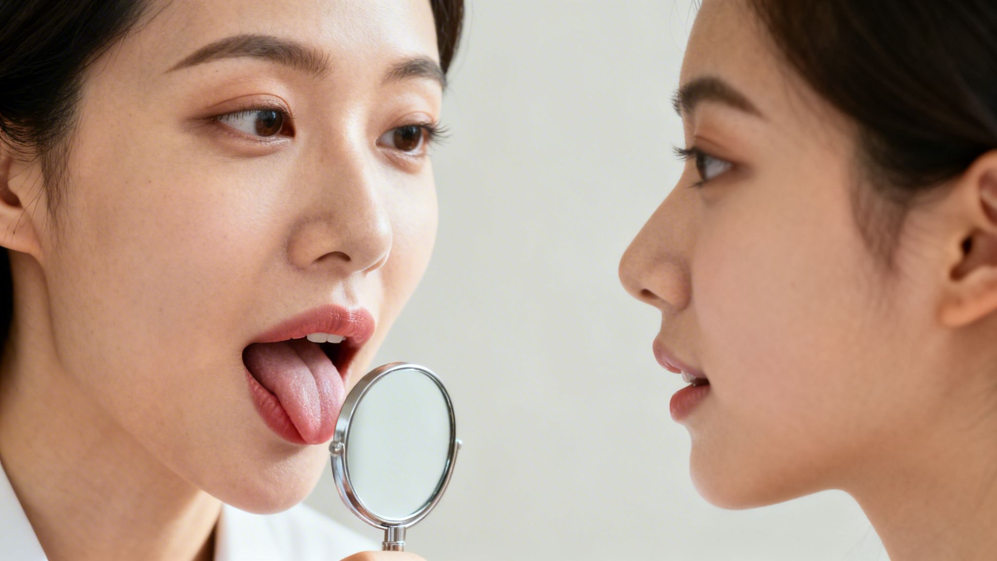 A woman examines her tongue in a small mirror while another woman observes.