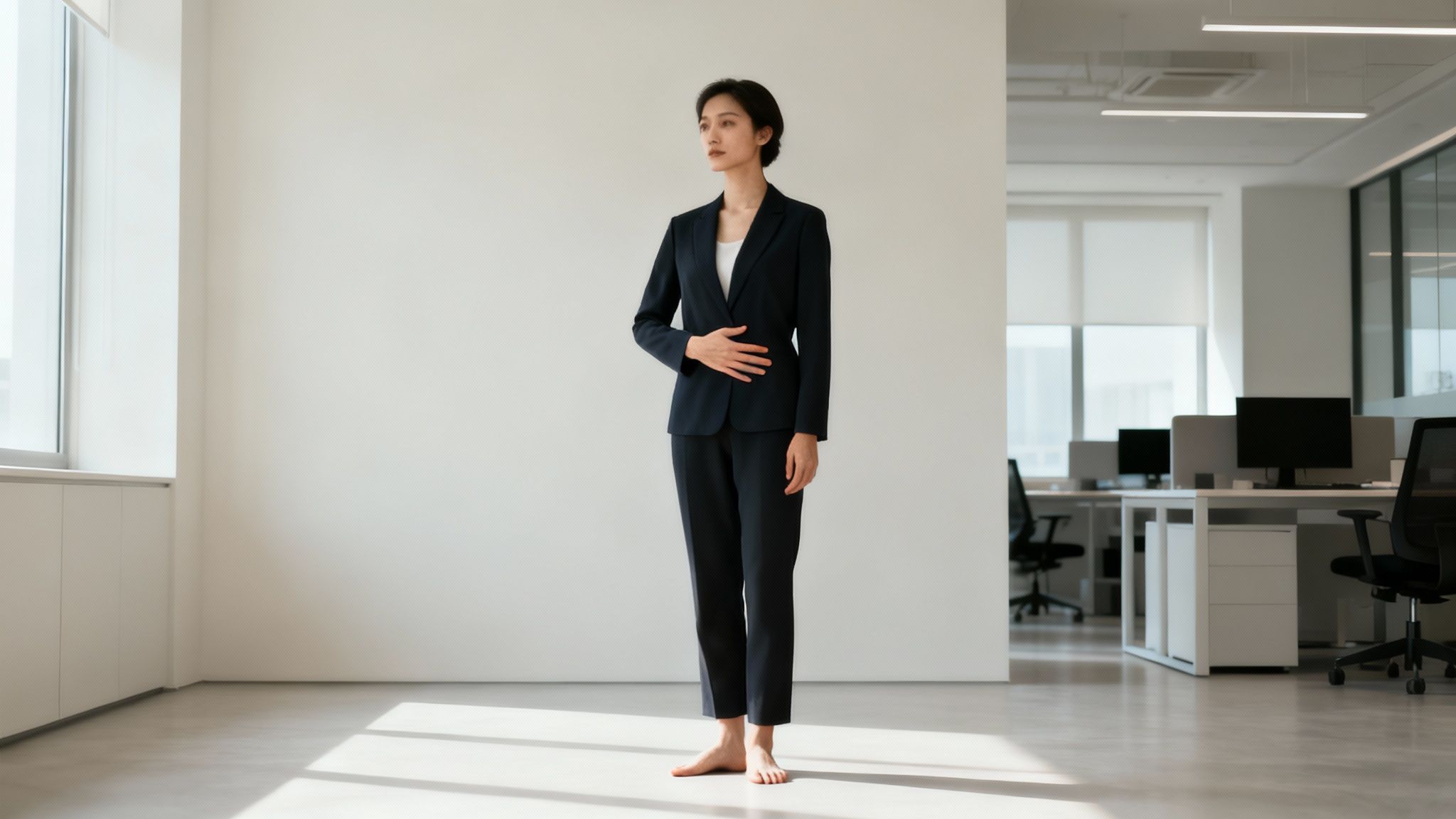 A young woman in a suit stands barefoot in a modern office, looking thoughtful, with sunlight on the floor.