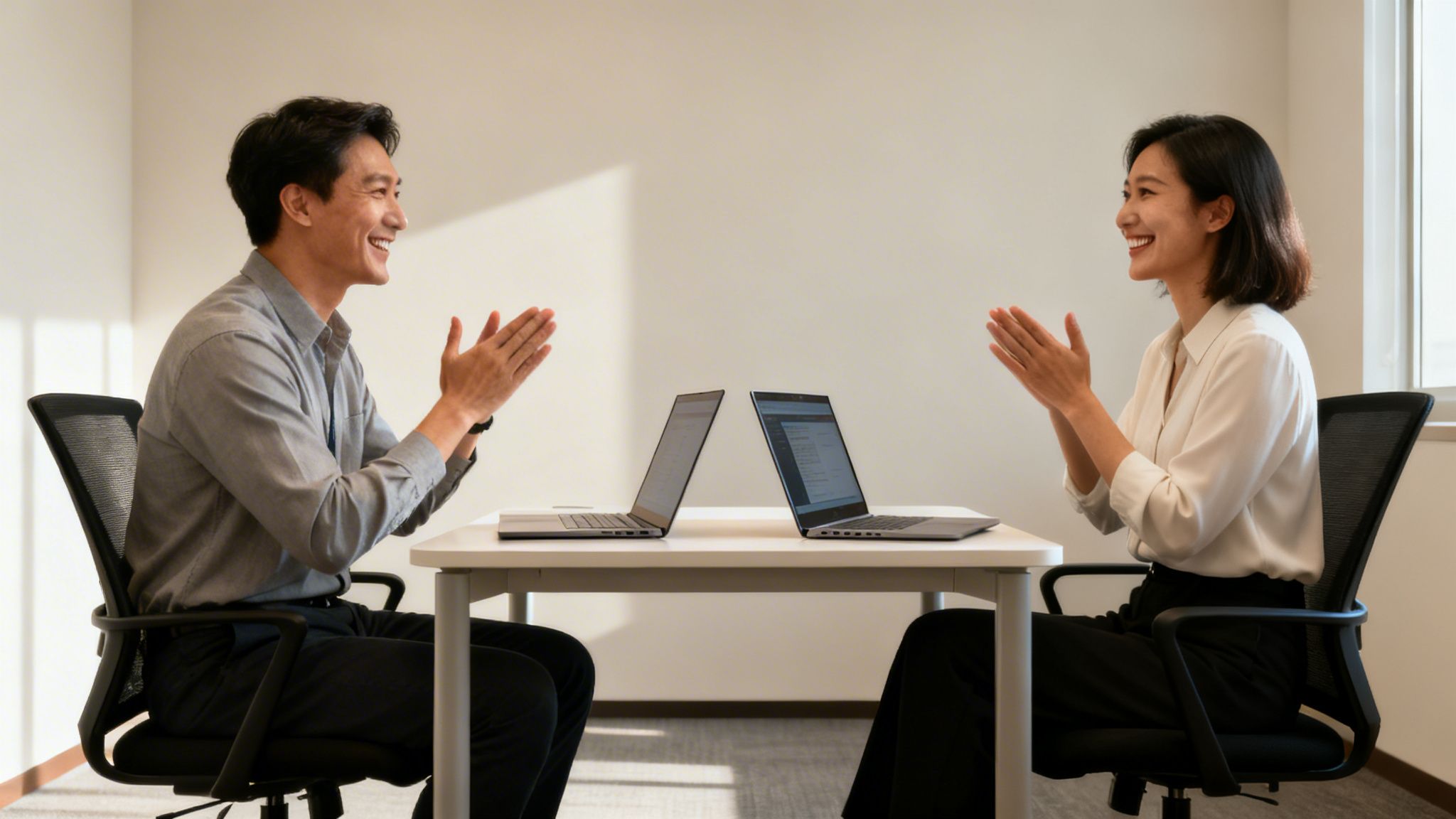 Two happy professionals clapping across a table with laptops in a bright office setting.