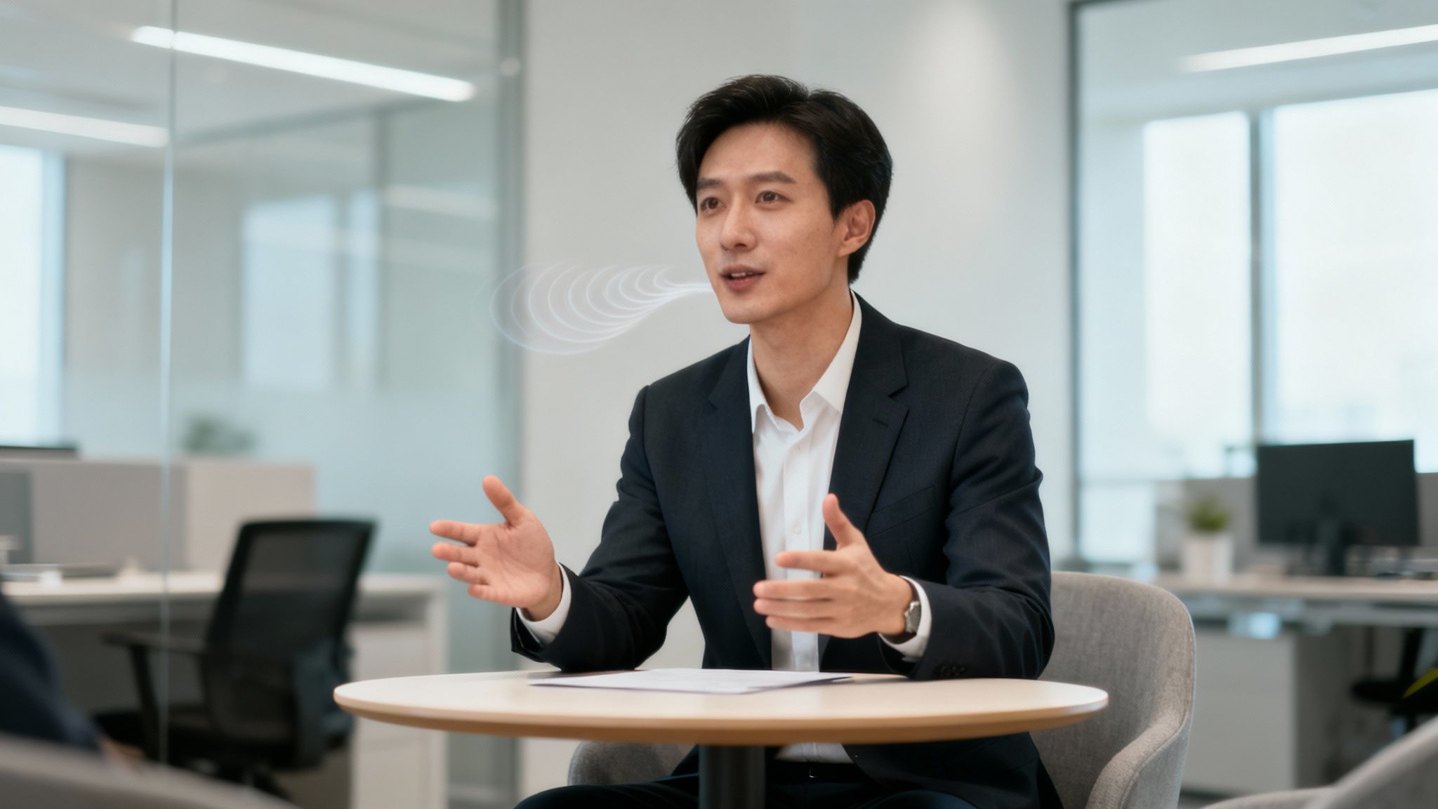 Professional Asian man in suit speaking and gesturing with voice visualization in modern office.