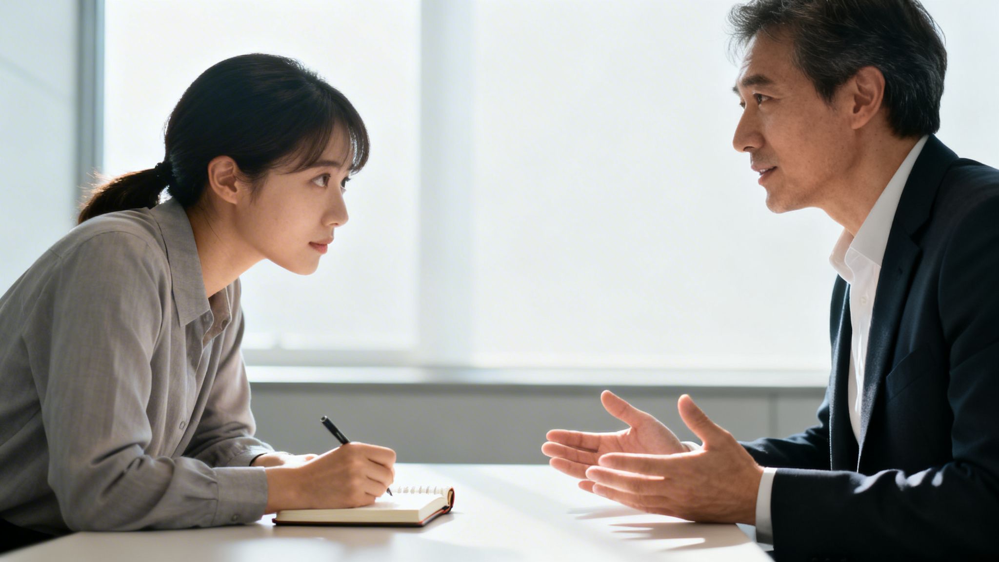 A young woman takes notes while an older man speaks during a professional meeting.