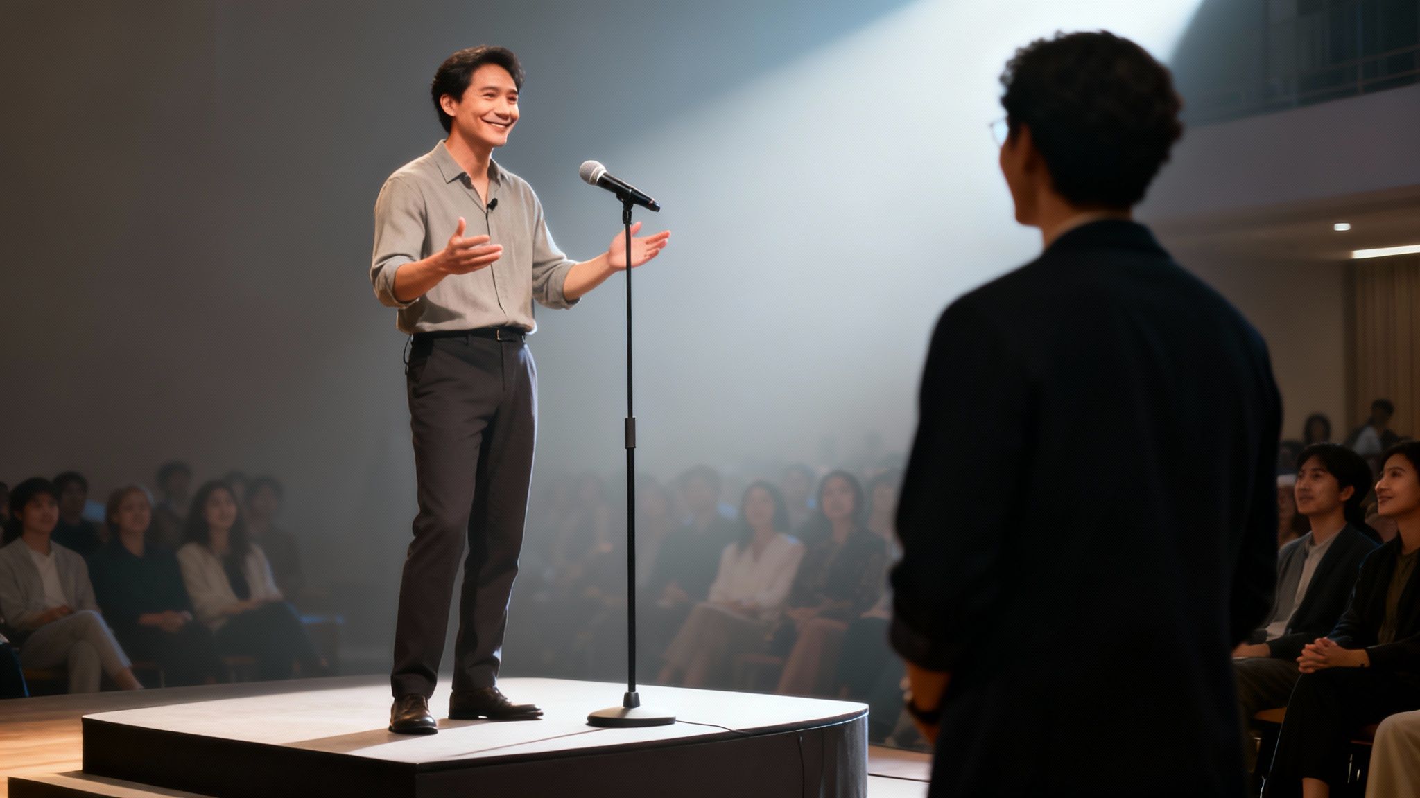 A man on stage giving a speech, smiling and gesturing to an audience.