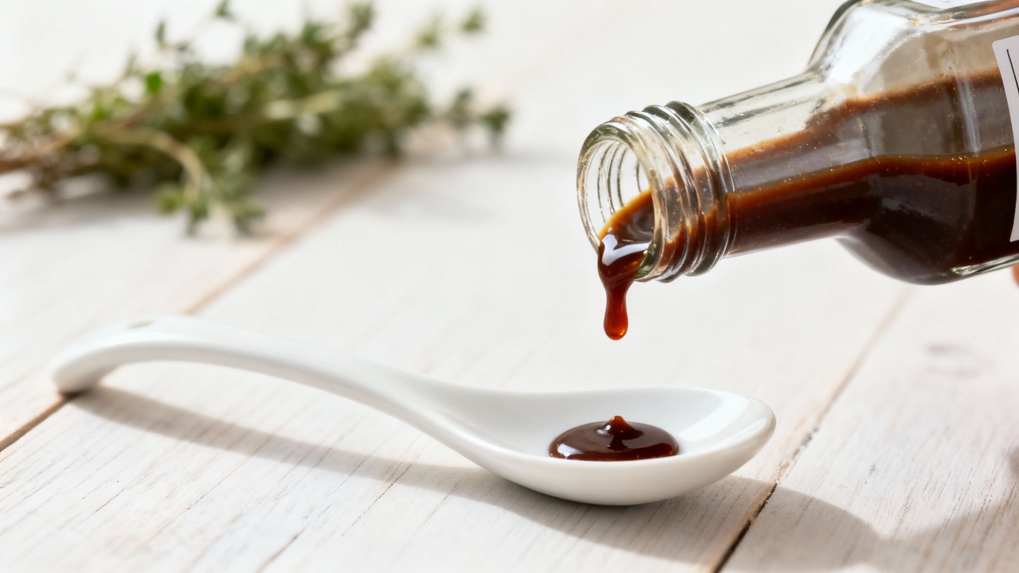 Dark brown sauce pouring from a glass bottle into a white spoon on a wooden table with fresh herbs.
