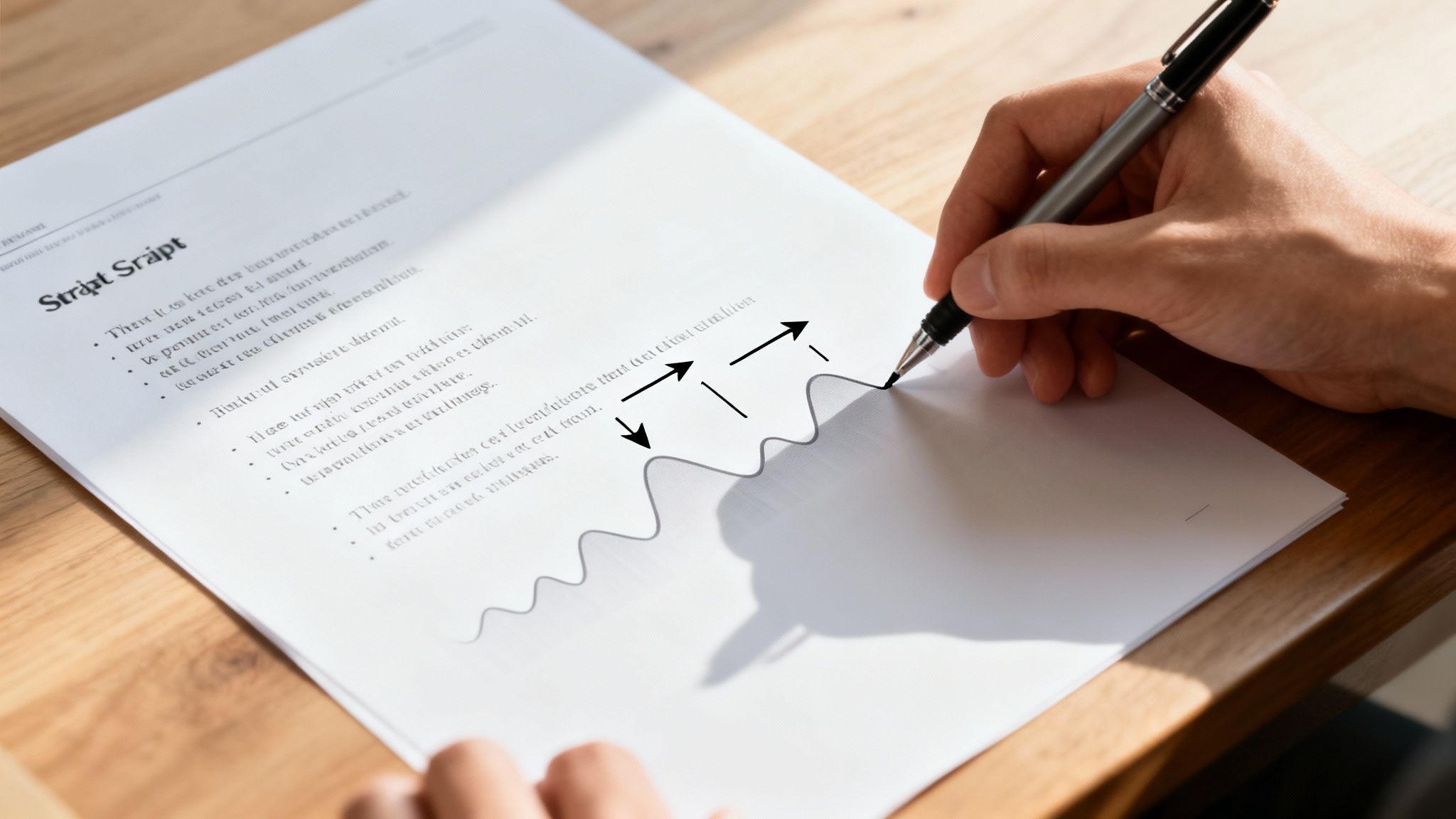 A person's hand holds a pen, drawing a wavy line with arrows on a white paper document.