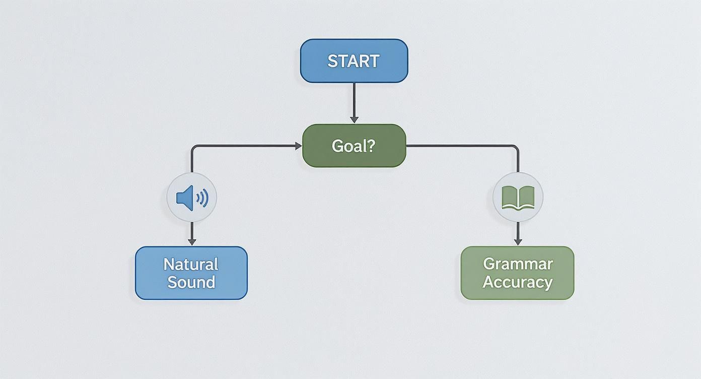 A flowchart showing two paths for a language learning goal: Natural Sound or Grammar Accuracy.