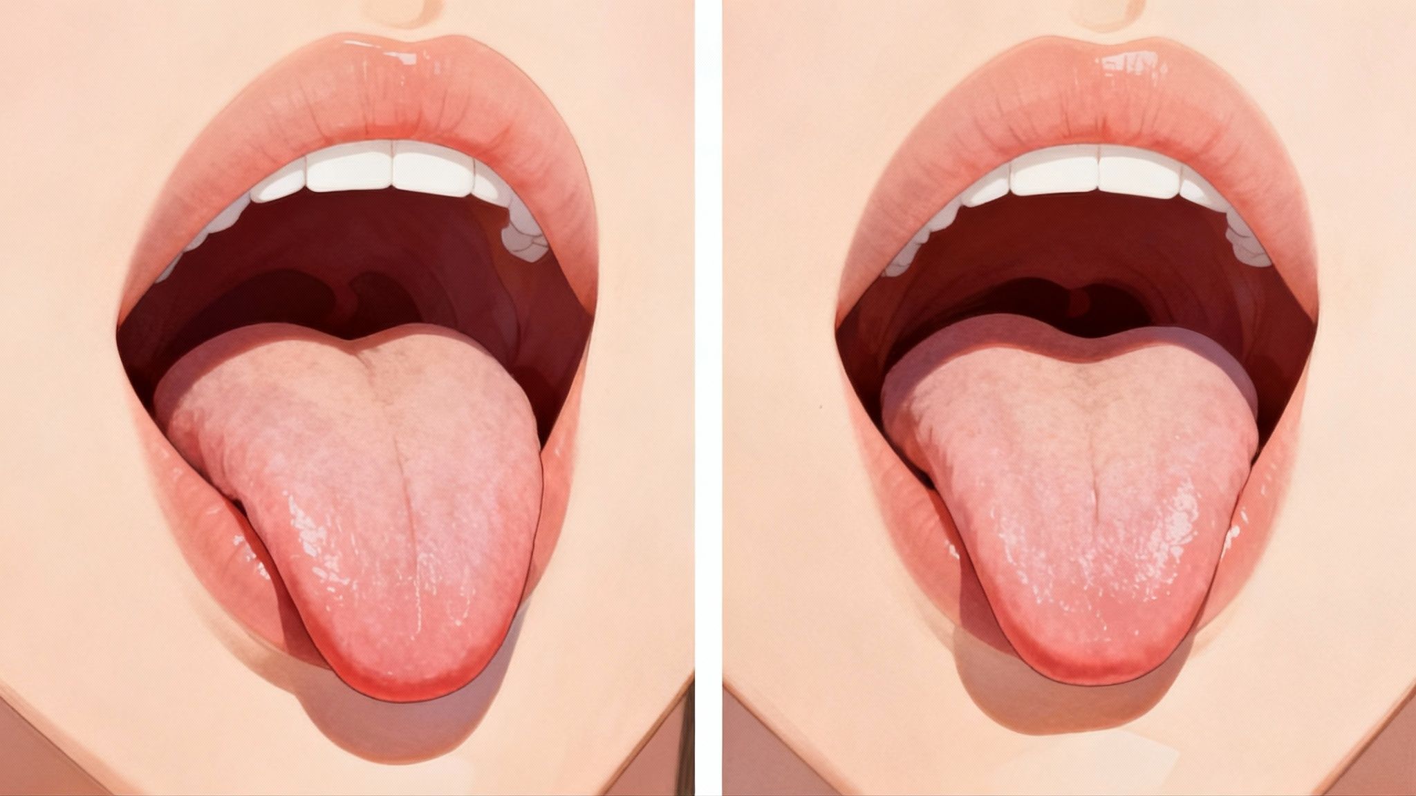 Two side-by-side illustrations of open mouths with pink tongues extended, showing glossy lips and white teeth.