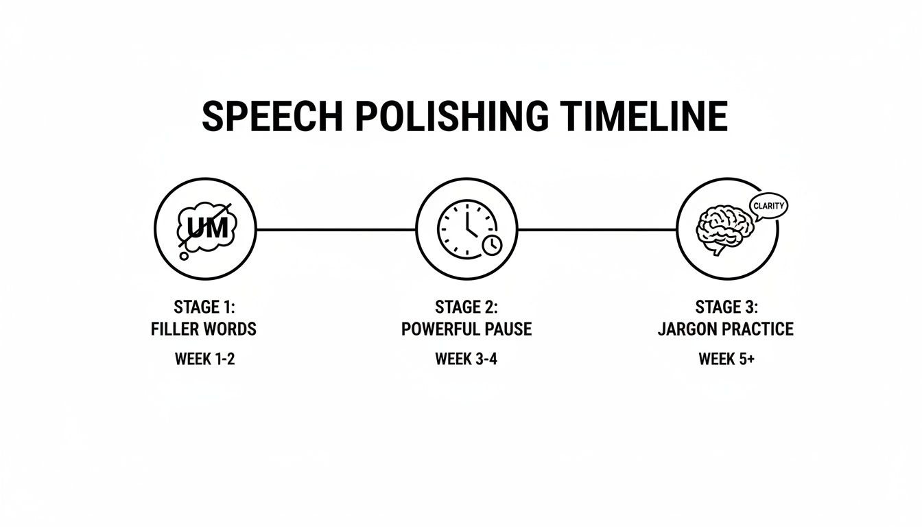 A speech polishing timeline showing three stages: reducing filler words, powerful pauses, and jargon practice.