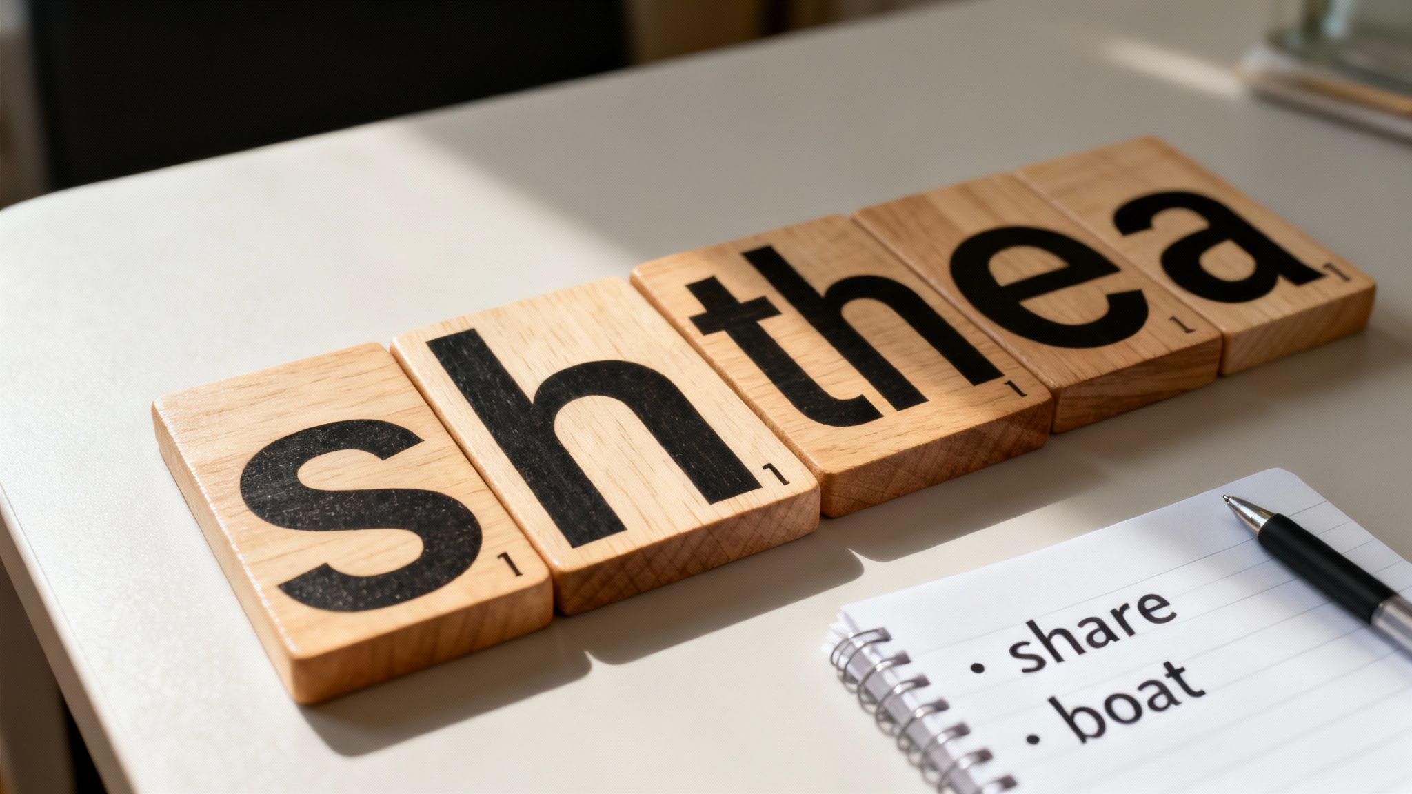 Wooden letter tiles spelling 's h t h e a' and a notebook with 'share' and 'boat'.