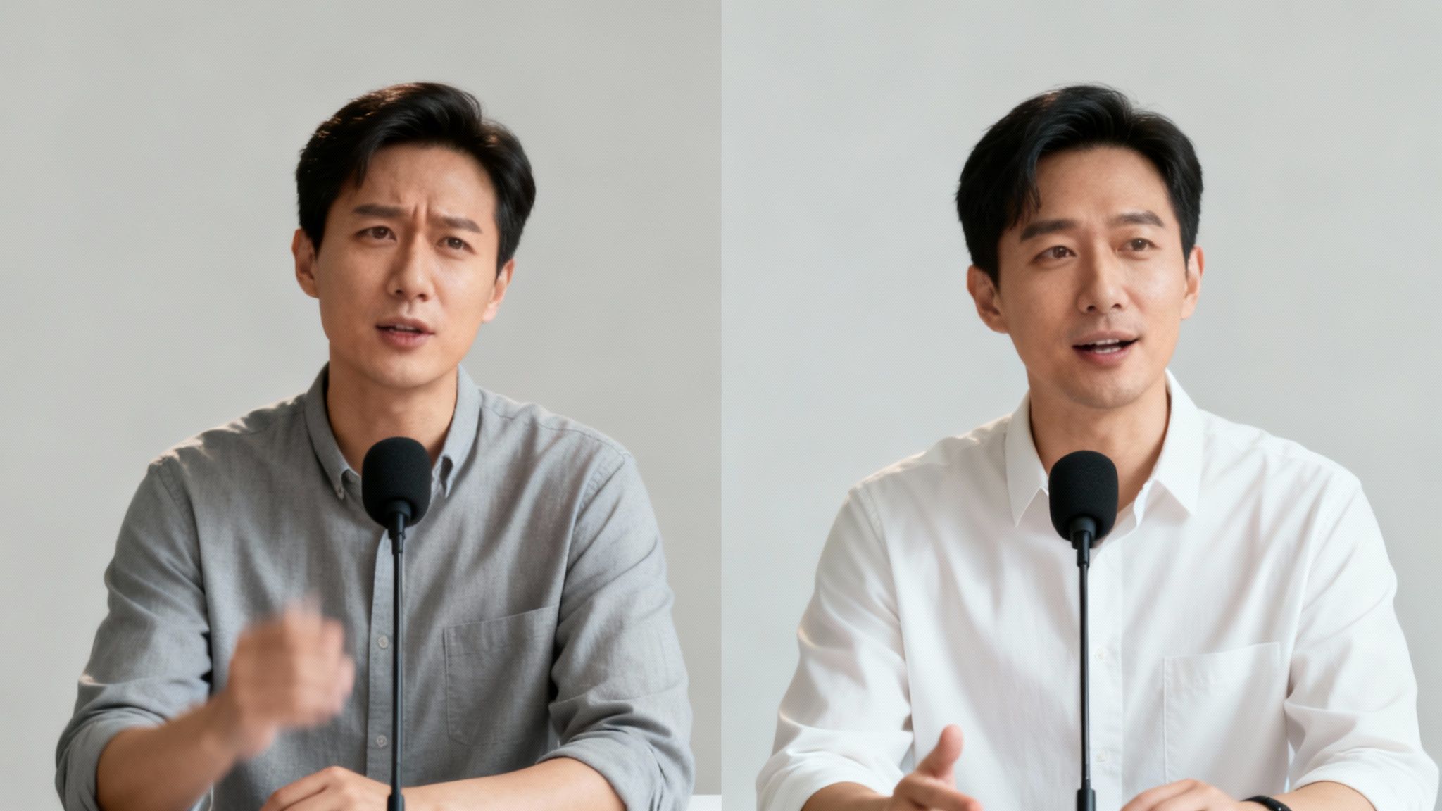 Side-by-side images of an Asian man presenting into a mic with varying expressions.