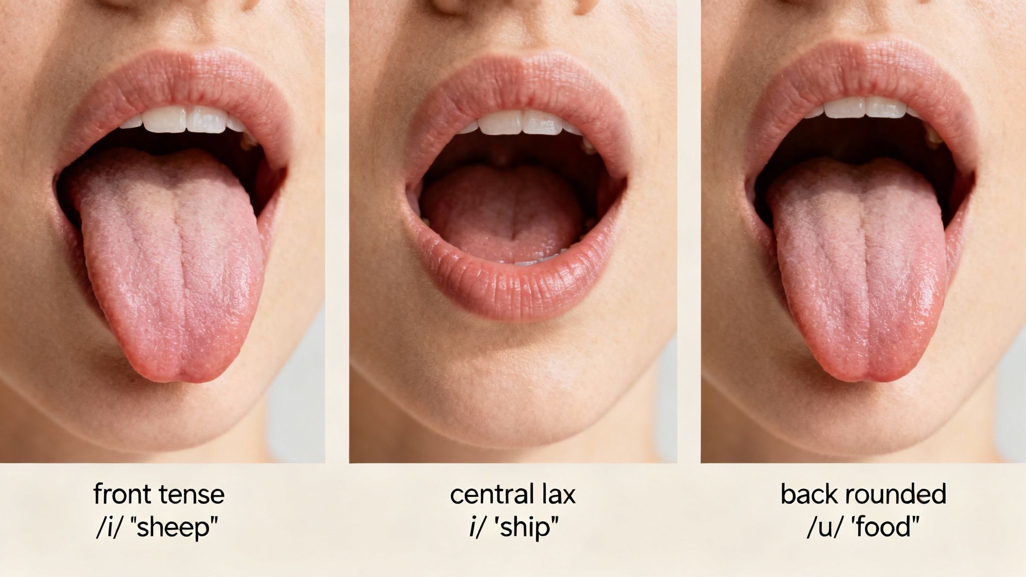 Three close-ups of a person's mouth and tongue demonstrating front tense, central lax, and back rounded vowel sounds.