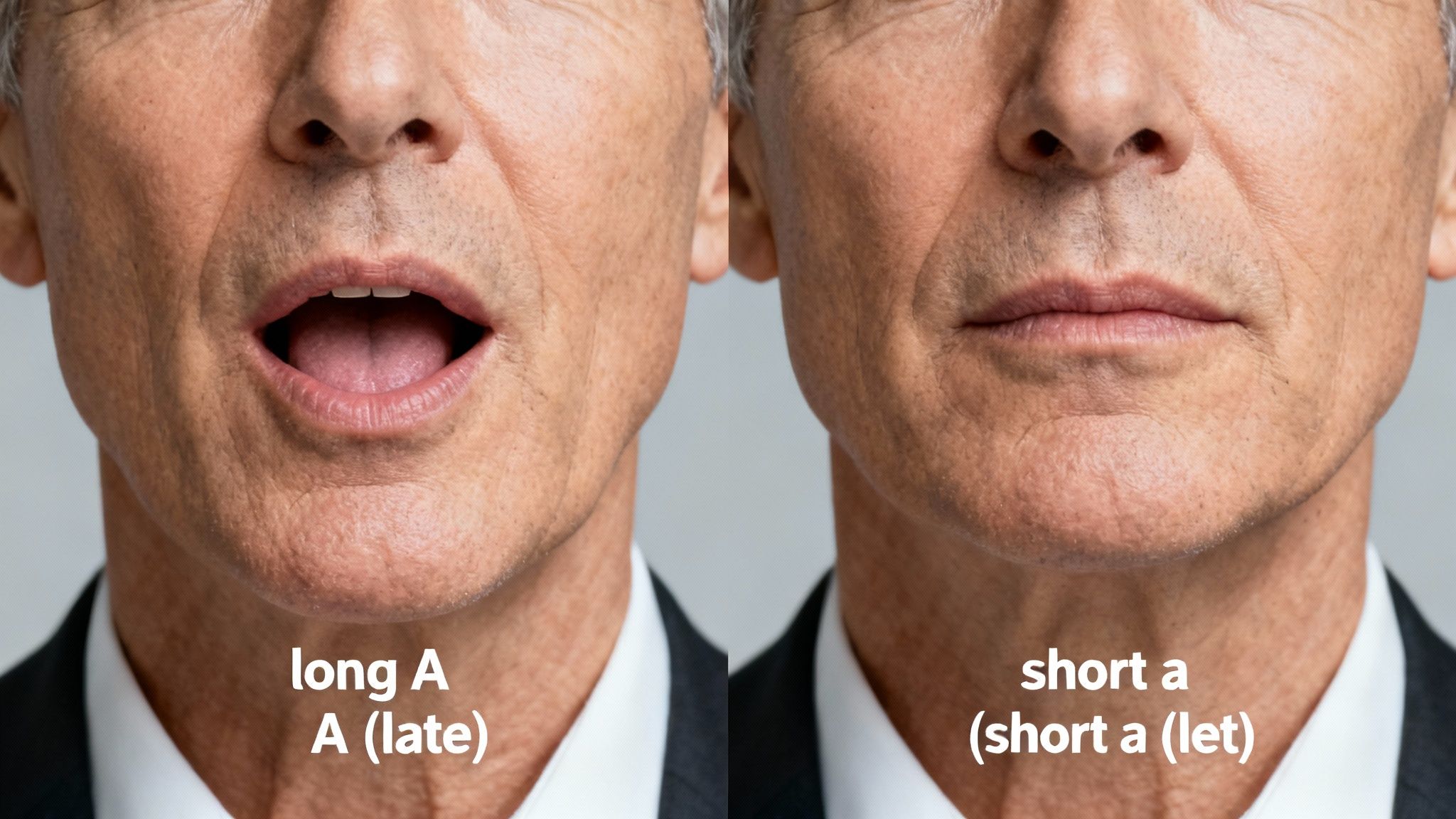Close-up of a person demonstrating the mouth shapes for 'long A' (open) and 'short a' (closed) vowel sounds.