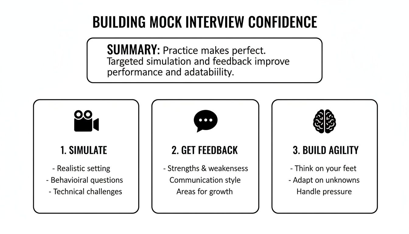 Diagram showing three steps to build mock interview confidence: simulate, get feedback, and build agility.