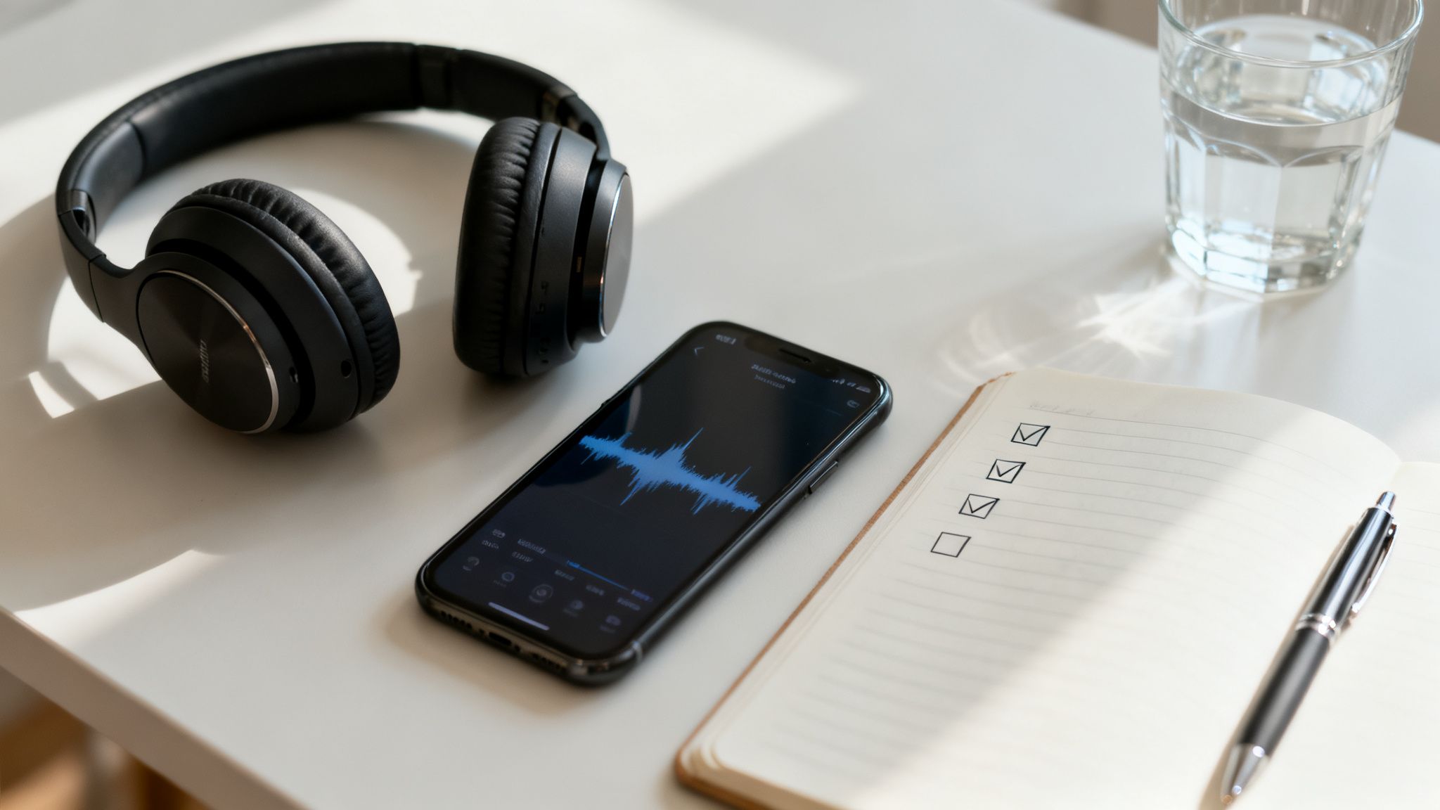 A minimalist workspace with black headphones, a smartphone showing an audio waveform, a notebook with a checklist, a pen, and a glass of water.