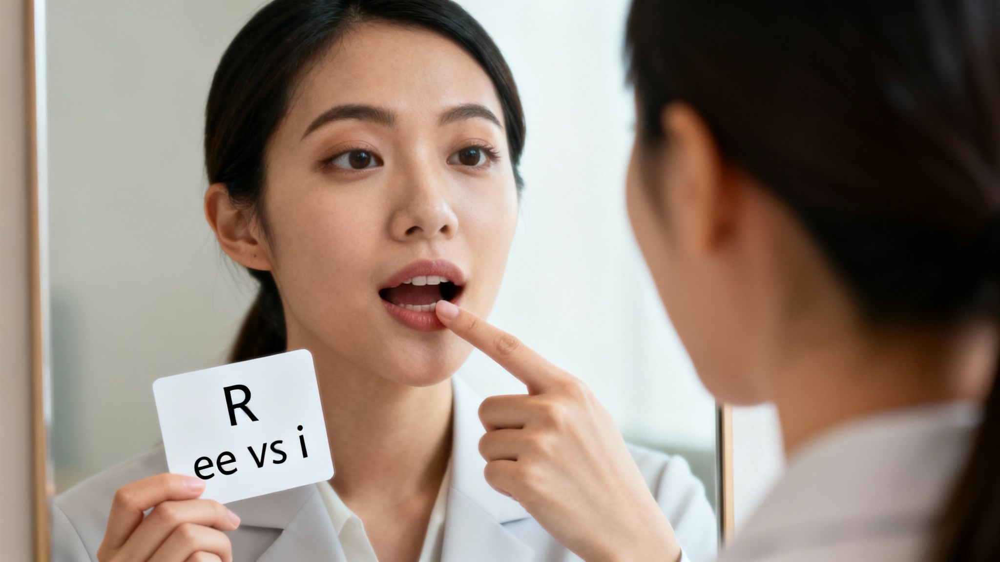 Young woman practicing pronunciation exercises in front of a mirror with a speech sound card.