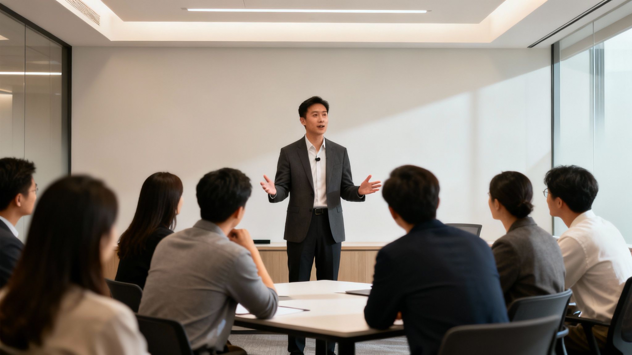 An Asian man in a suit presents to a diverse group of people in a modern conference room.